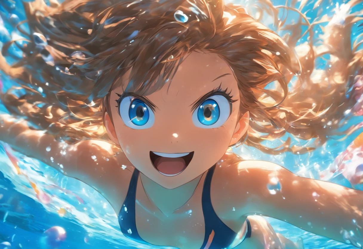 foreshortening, depth of fields, masutepiece, Best Quality, 1girl in, Brown hair, Blue eyes、Beautiful, glowing eyes, Long hair, under the water, Air bubble, Solo, Looking at Viewer, Laughing Bullishly School Swimsuit, Swimming, Dappled sunlight