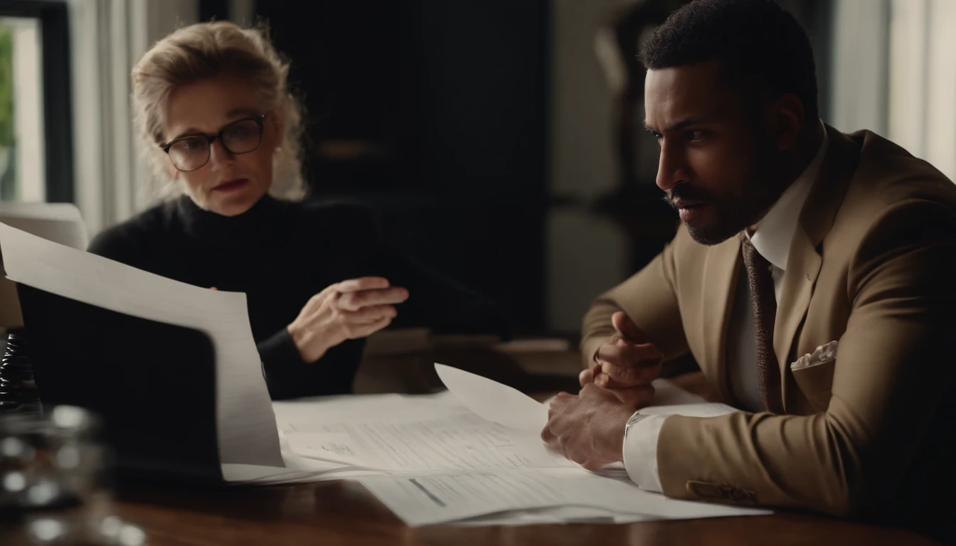 friend explaining legal document to another, serious expression, office setting