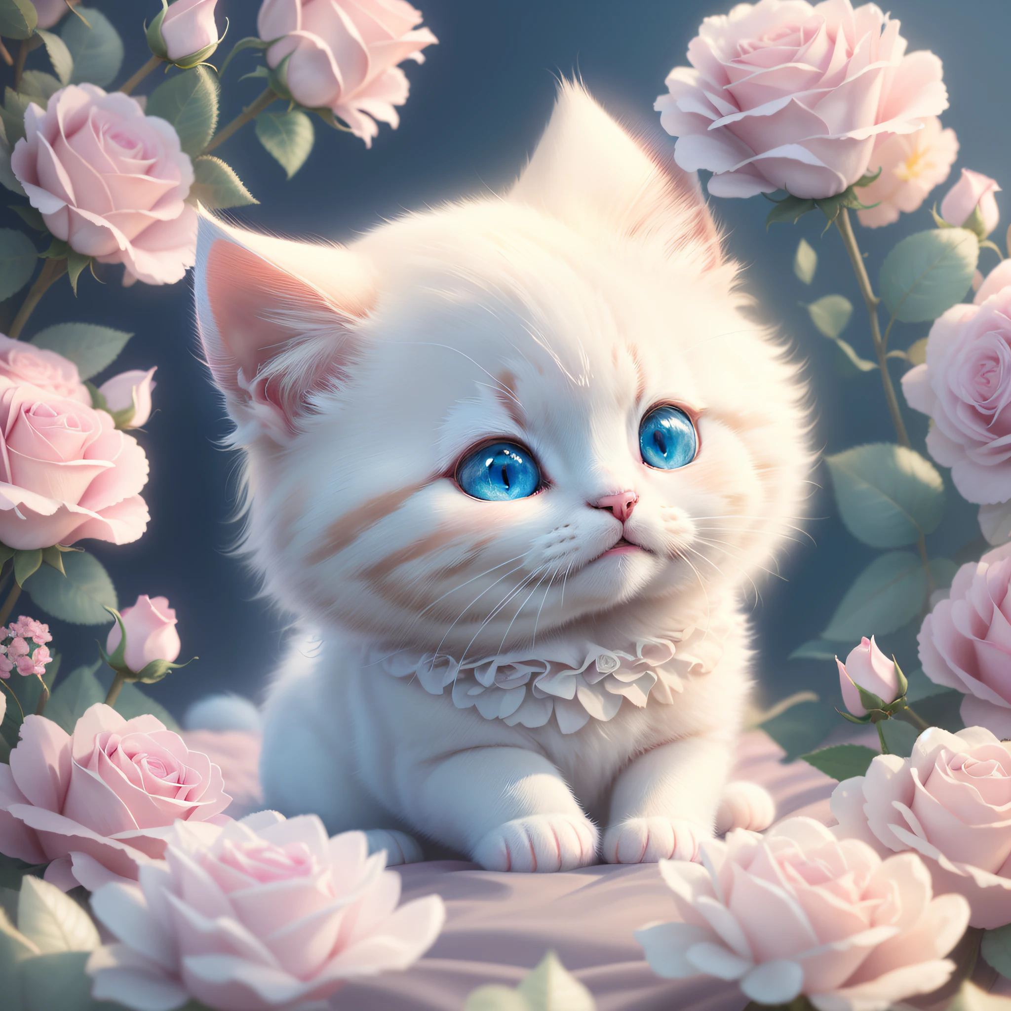 there is a white kitten sitting in a bed of pink roses, adorable digital painting, cute detailed digital art, cute digital art, cute 3 d render, cute detailed artwork, anime visual of a cute cat, beautiful and cute, cute cat, beautiful digital artwork, cute artwork, beautiful digital art, beautiful digital illustration, beautiful digital painting, 4k highly detailed digital art