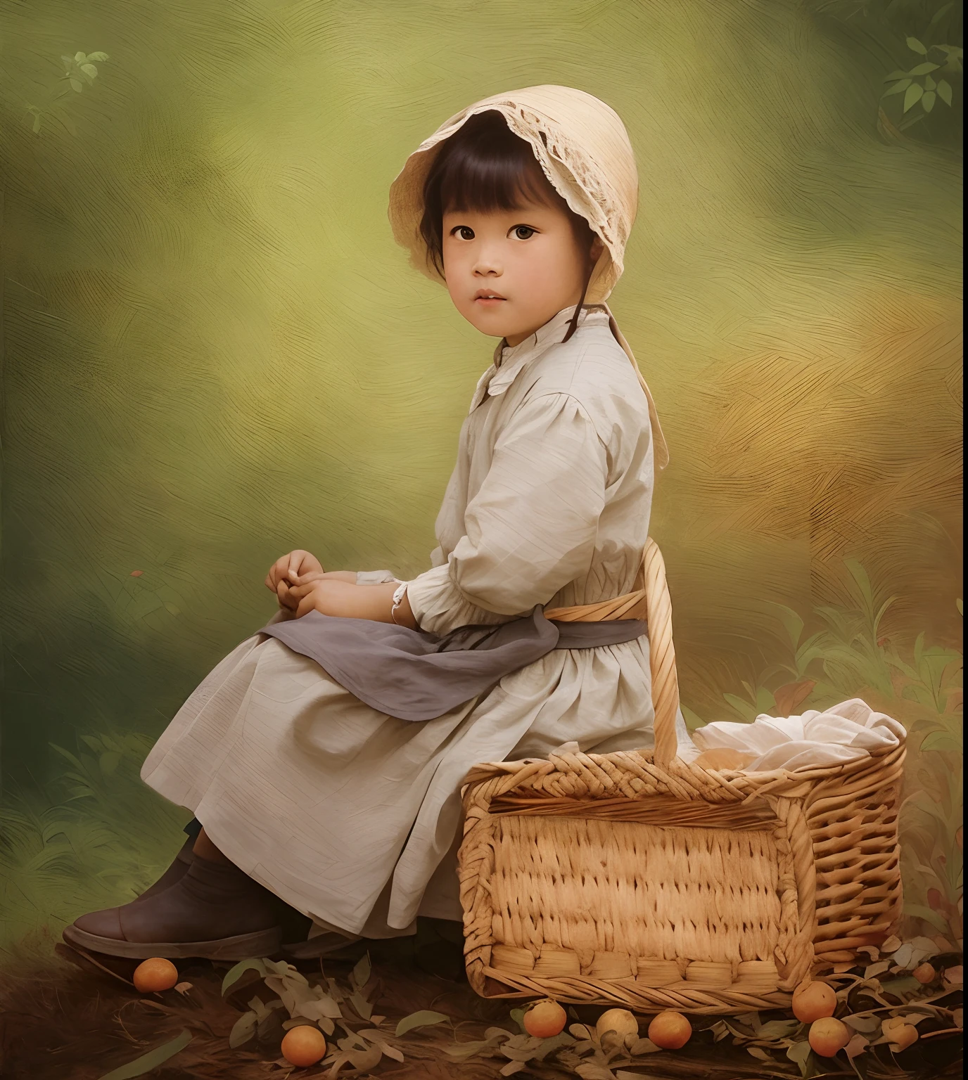 A of Chinese descent sits on a basket,The loquats in the basket fell to the ground,inspired by William-Adolphe Bouguereau, Kate Greenaway, Renaissance painting, coloured background, OilPaintStyle,Oil painting texture,Natural brush stroke effect,Neo-impressionism
