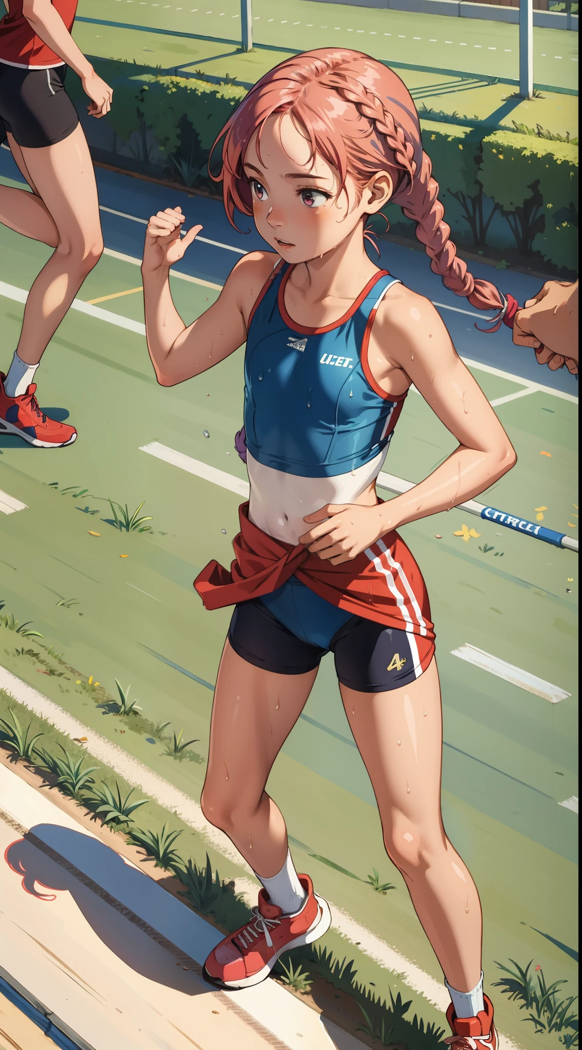 masterpiece, best quality, ultra-detailed, illustration, an extremely delicate and beautiful,high resolution, ultra-detailed,,perfect face,slender perfect body, Tight belly,Toned buttocks,Constricted waist,,(((2 girls to running))), yo,((pink:-1.5) ,(red:-1.5) ,(blue:-1.5) hair), (braided short hair), (braided long hair), shy daughter, short stature, small tits,(flom track and field), (fashionable track and field athlete),(bike shorts), small tits, (wet:1.2), track and field,((very wide shot ))