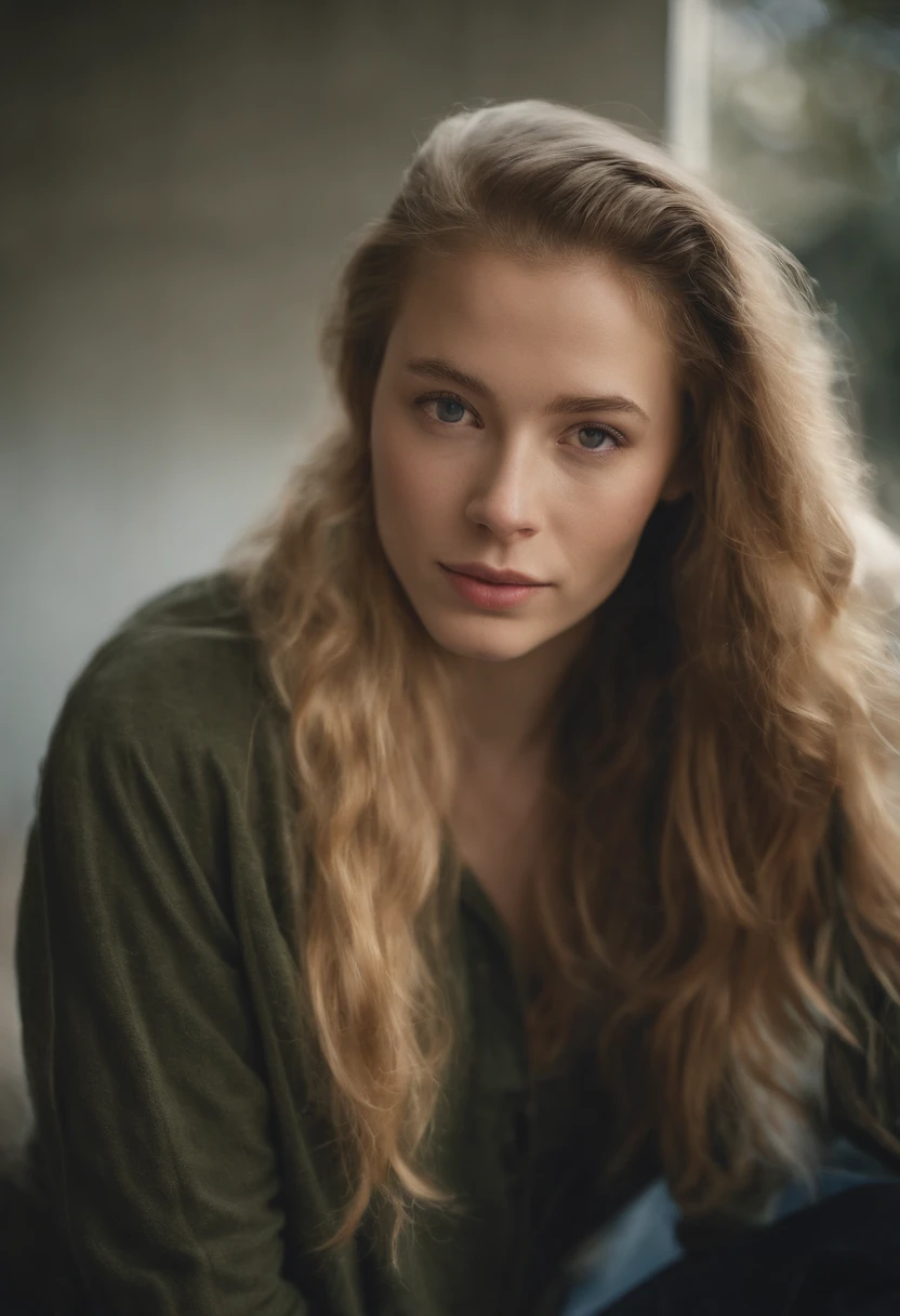 A young woman from Northern Europe, 18 years old, light blue eyes, happy, cute face, albino skin, brown hair, ponytail haircut, eyeliner, thin nose, wearing a neckline, room in the background, amateur selfie, amateur selfie quality