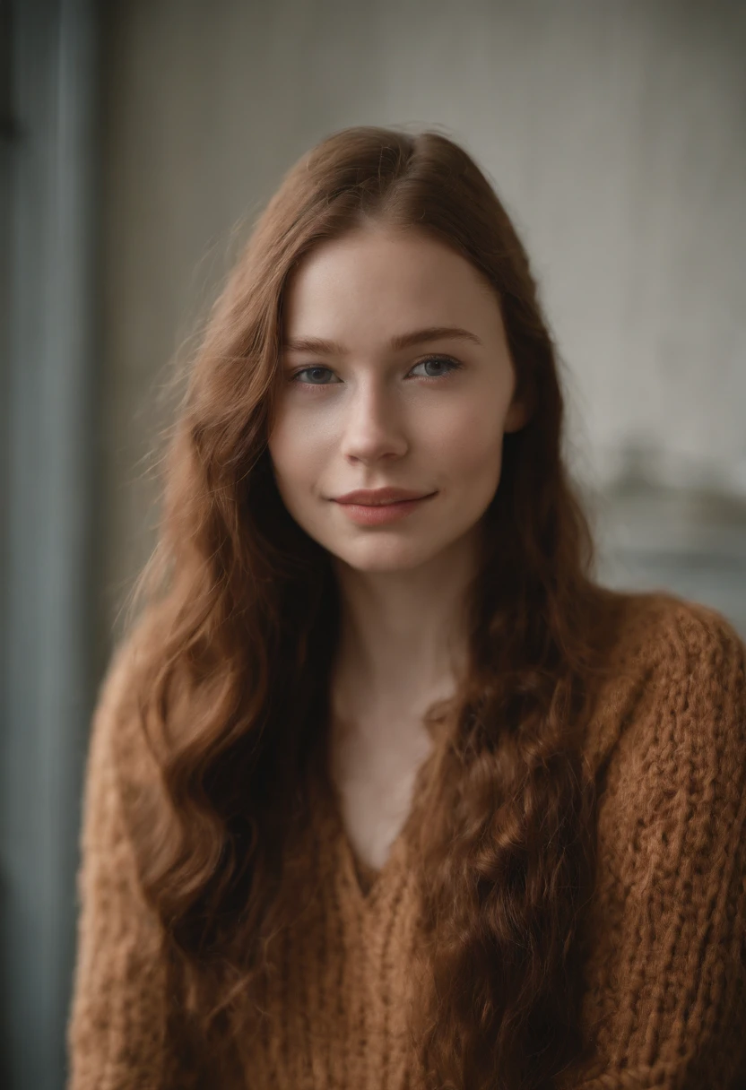 A young woman from Northern Europe, 18 years old, light blue eyes, happy, cute face, albino skin, brown hair, ponytail haircut, eyeliner, thin nose, wearing a neckline, room in the background, amateur selfie, amateur selfie quality