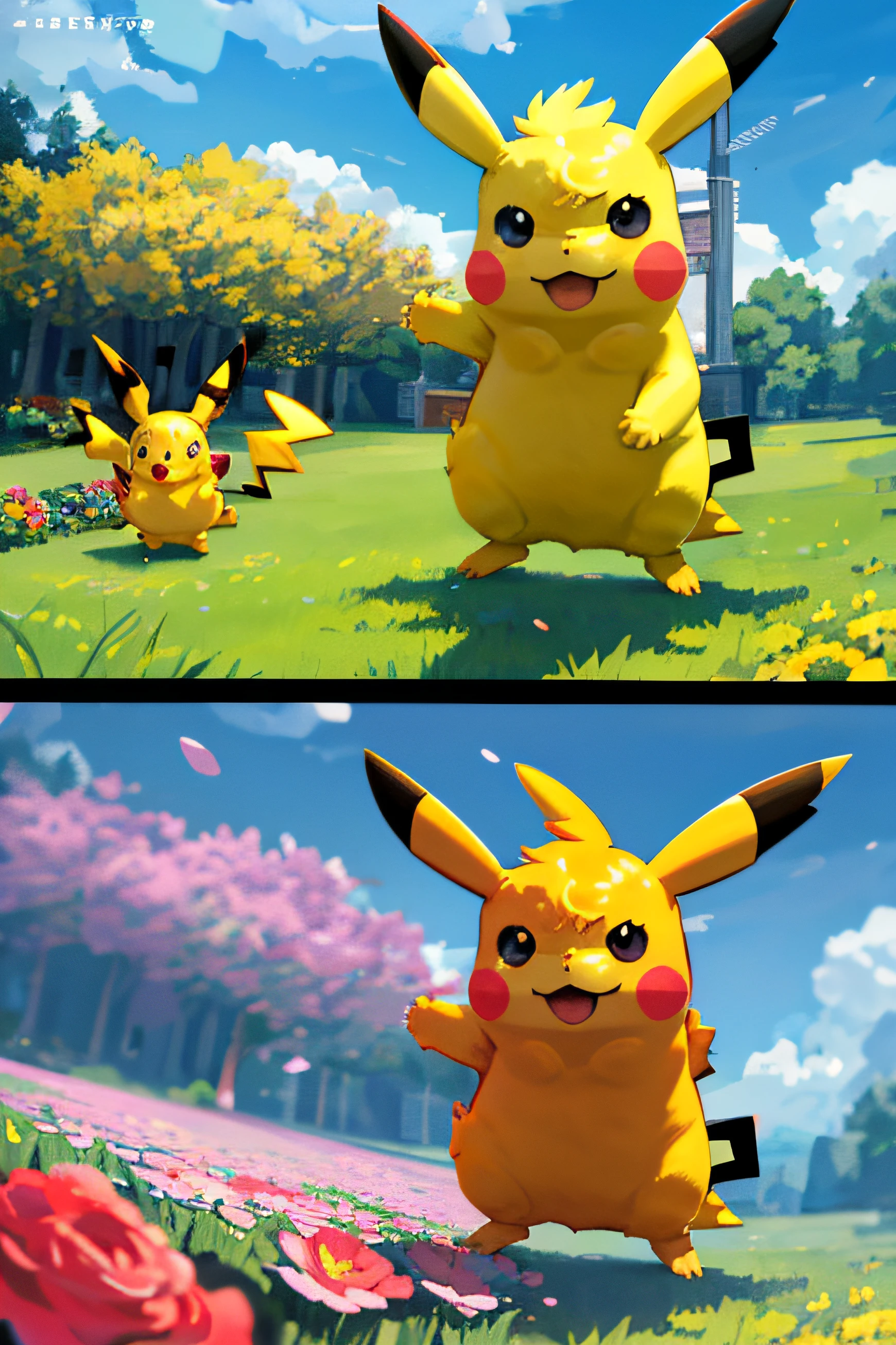 Fluffy 3D Pikachu (Pikachu) It has bright yellow fur and rose-colored cheeks，Dance energetically on a vibrant green grass stage。The scene is sunny、Playful outdoor environment as background，Blue sky and blooming flowers as the background。The art style is whimsical，Cartoonish，Reflects the charming cheerfulness of Pokémon characters。The camera angle captures Pikachu's dynamic movements and delightful expressions，Show off its lively personality。The lighting is natural and soft，Enhances the warmth and liveliness of the scene。The rendering is done with high detail，Rendered in 3D format，The resolution is 8K。