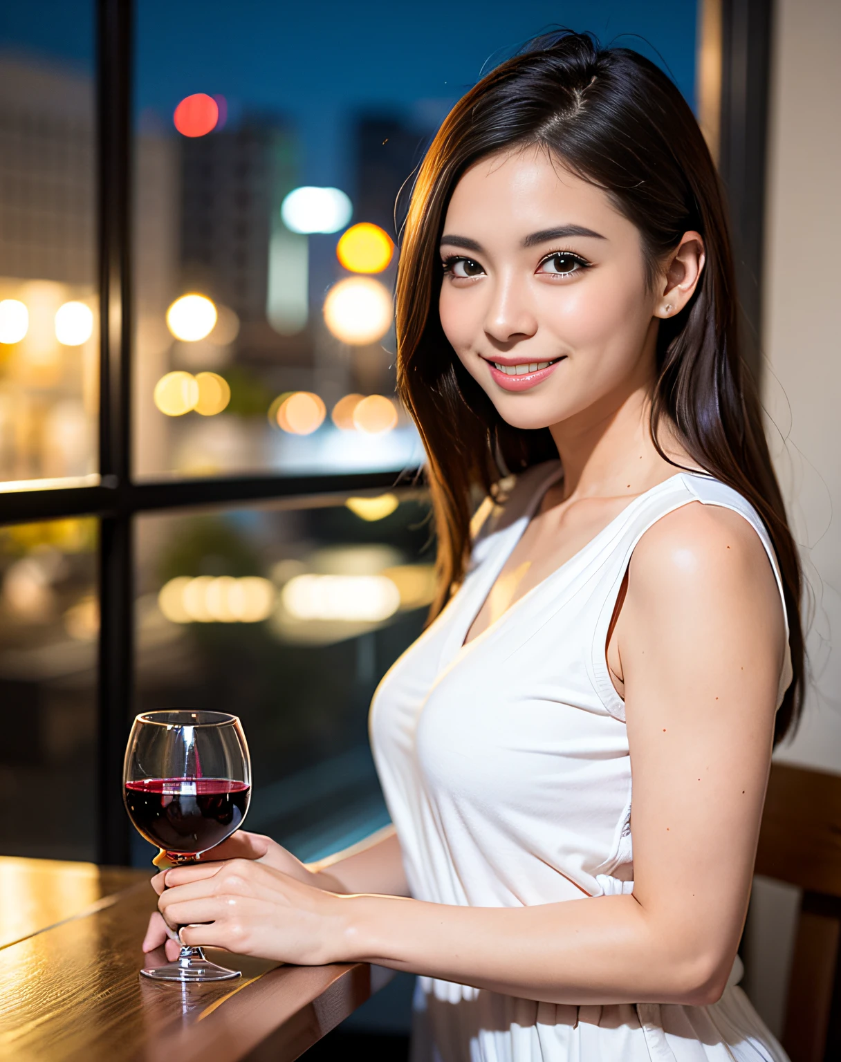 (64K, UHD, top quality, masterpiece: 1.2), (realistic, photorealistic: 1.37), super detailed, pretty woman 1 person, (slim face), (slim body), (brown hair), (short cut), cheeks slightly blushing, (44 years old), 38 years old, solo, beautiful detailed urban night view outside the window, restaurant, wine glasses sit, at night, in a prominent placeNovaFrogStyle, Actress, Model, Waist Up, White Wine, Slim, Wine Glass, Super Clean Night View, Wine Glass Put in the Middle, Happy Smile, (Smile: 1.15), Beautiful Fine Eyes, Upper Body, Bust Japan Up, Night, Short, Short, Actress, Model, Waist Up, White Wine, Slim, Wine Glass, Super Clean Night View, Wine Glass Put in the Middle, Happy Smile,