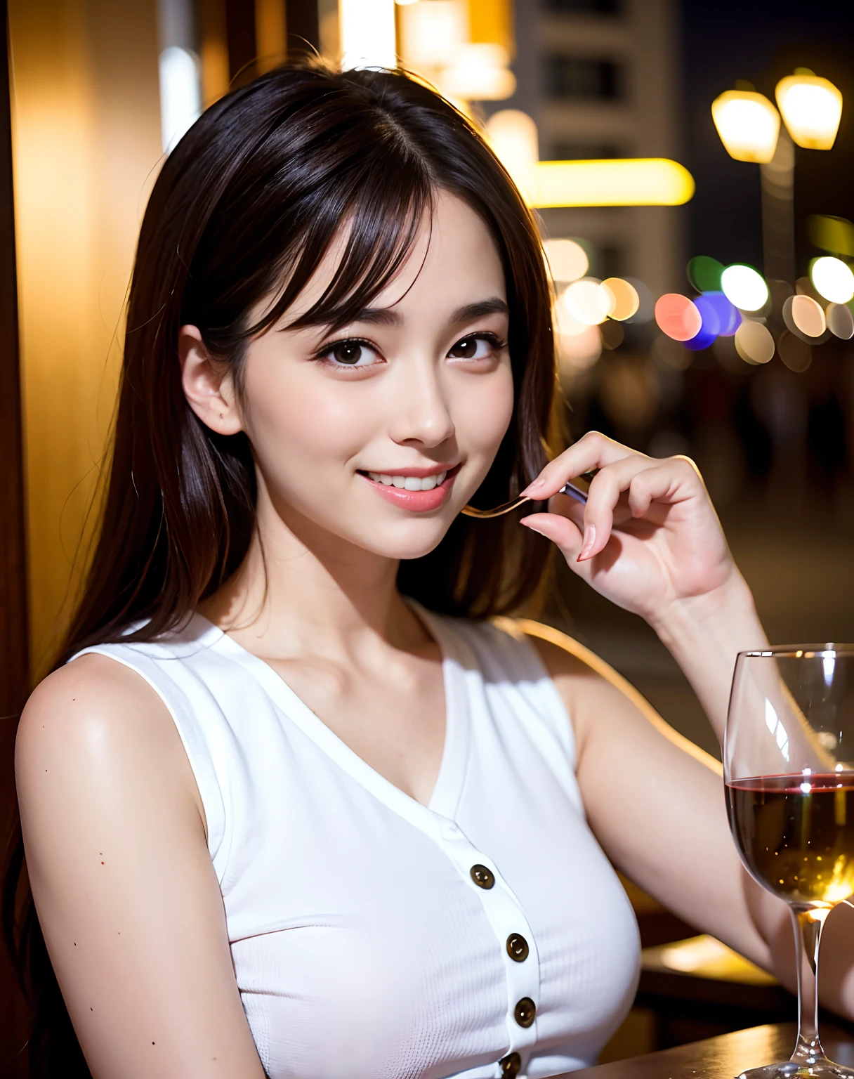 (64K, UHD, top quality, masterpiece: 1.2), (realistic, photorealistic: 1.37), super detailed, pretty woman 1 person, (slim face), (slim body), (brown hair), (short cut), cheeks slightly blushing, (44 years old), 38 years old, solo, beautiful detailed urban night view outside the window, restaurant, wine glasses sit, at night, in a prominent placeNovaFrogStyle, Actress, Model, Waist Up, White Wine, Slim, Wine Glass, Super Clean Night View, Wine Glass Put in the Middle, Happy Smile, (Smile: 1.15), Beautiful Fine Eyes, Upper Body, Bust Japan Up, Night, Short, Short, Actress, Model, Waist Up, White Wine, Slim, Wine Glass, Super Clean Night View, Wine Glass Put in the Middle, Happy Smile,
