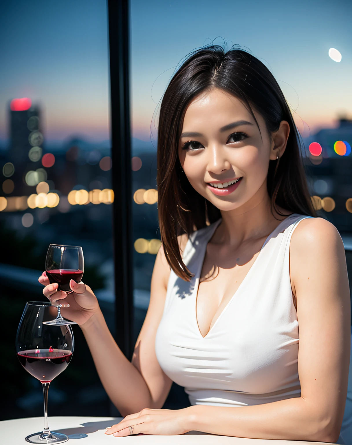 (64K, UHD, top quality, masterpiece: 1.2), (realistic, photorealistic: 1.37), super detailed, pretty woman 1 person, (slim face), (slim body), (brown hair), (short cut), cheeks slightly blushing, (44 years old), 38 years old, solo, beautiful detailed urban night view outside the window, restaurant, wine glasses sit, at night, in a prominent placeNovaFrogStyle, Actress, Model, Waist Up, White Wine, Slim, Wine Glass, Super Clean Night View, Wine Glass Put in the Middle, Happy Smile, (Smile: 1.15), Beautiful Fine Eyes, Upper Body, Bust Japan Up, Night, Short, Short, Actress, Model, Waist Up, White Wine, Slim, Wine Glass, Super Clean Night View, Wine Glass Put in the Middle, Happy Smile,