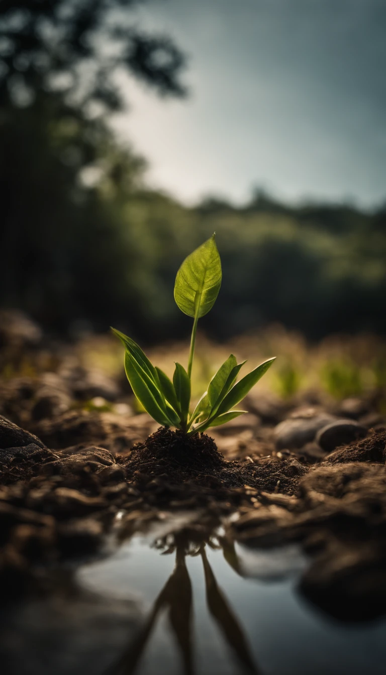 uma planta pequena no meio de muitos arbustos secos de espinhos e pedras