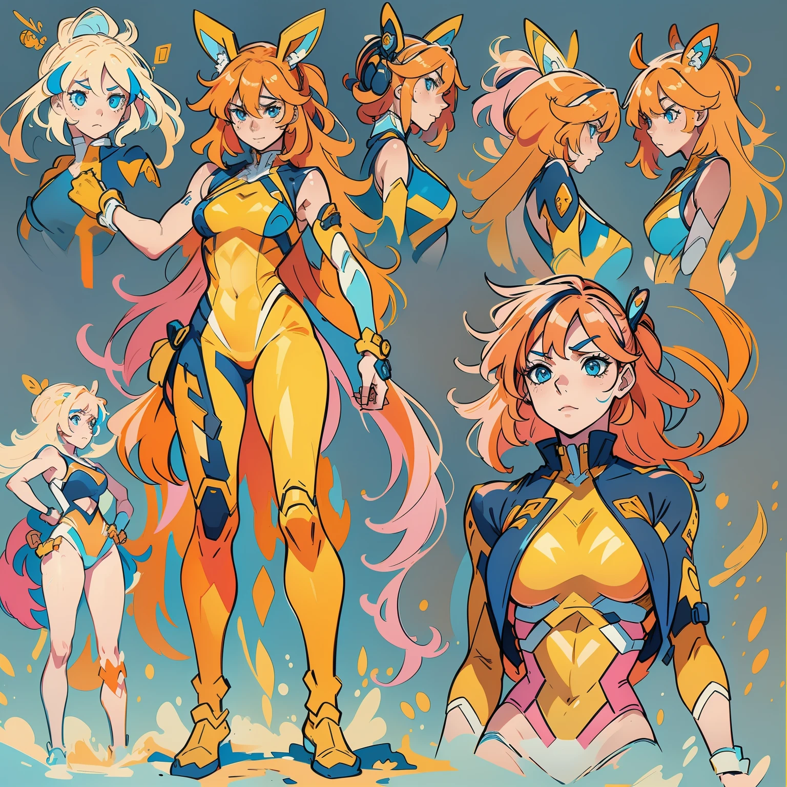 ((Best Quality)), ((Masterpiece)), ((Realistic)) tsuka kendou, 1woman, cute face, determined look, smile, long legs, full body, adult mature female (spiky orange-pink hair, (orange-pink mullet 1.1)), (very long hair), blue eyes, (white/yellow pupil,) hero, sleeveless blue spandex bodysuit, long orange-pink rabbit ears, colored concept art, highly detailed character design, highly detailed face,