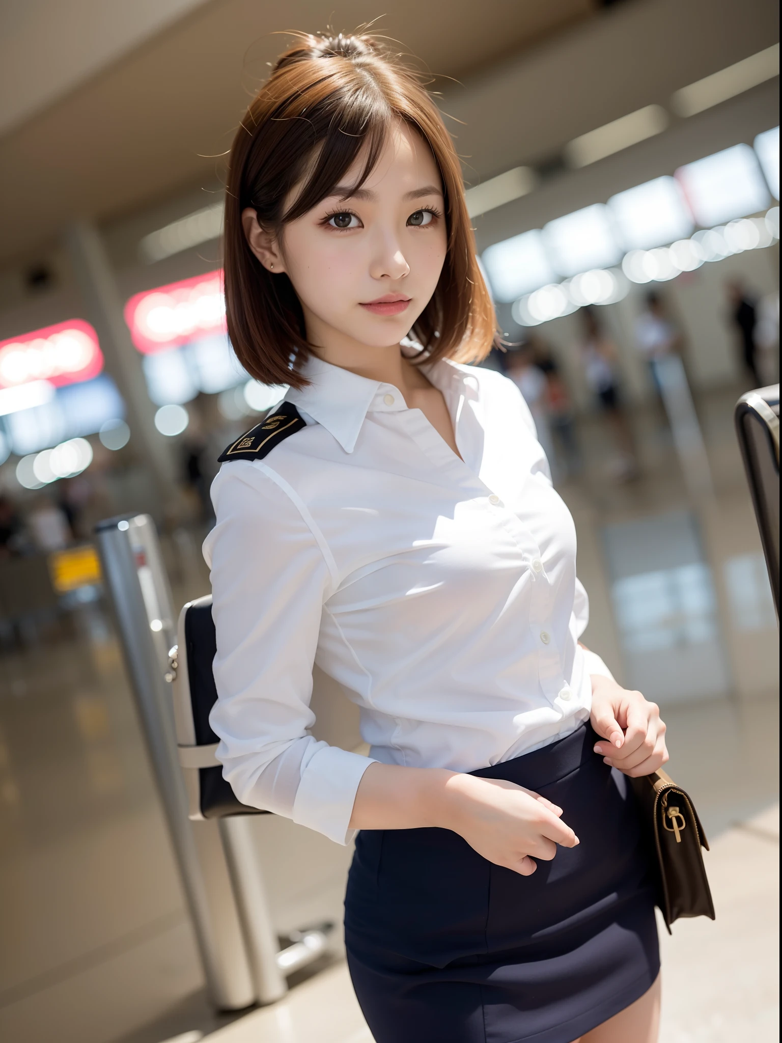 ((of the highest quality, 8K, masutepiece: 1.3, Raw photo)), Sharp Focus: 1.2, (1 AESPA Girl :1.1), Solo, (Realistic, Photorealistic: 1.37), (Face Focus: 1.1), Cute face, hyperdetailed face, Short messy hair, Small Smile, Small breasts, flat chest, (flight attendant uniform: 1.2), standing, Thigh, showing chiffon panties, airport, terminal, flower