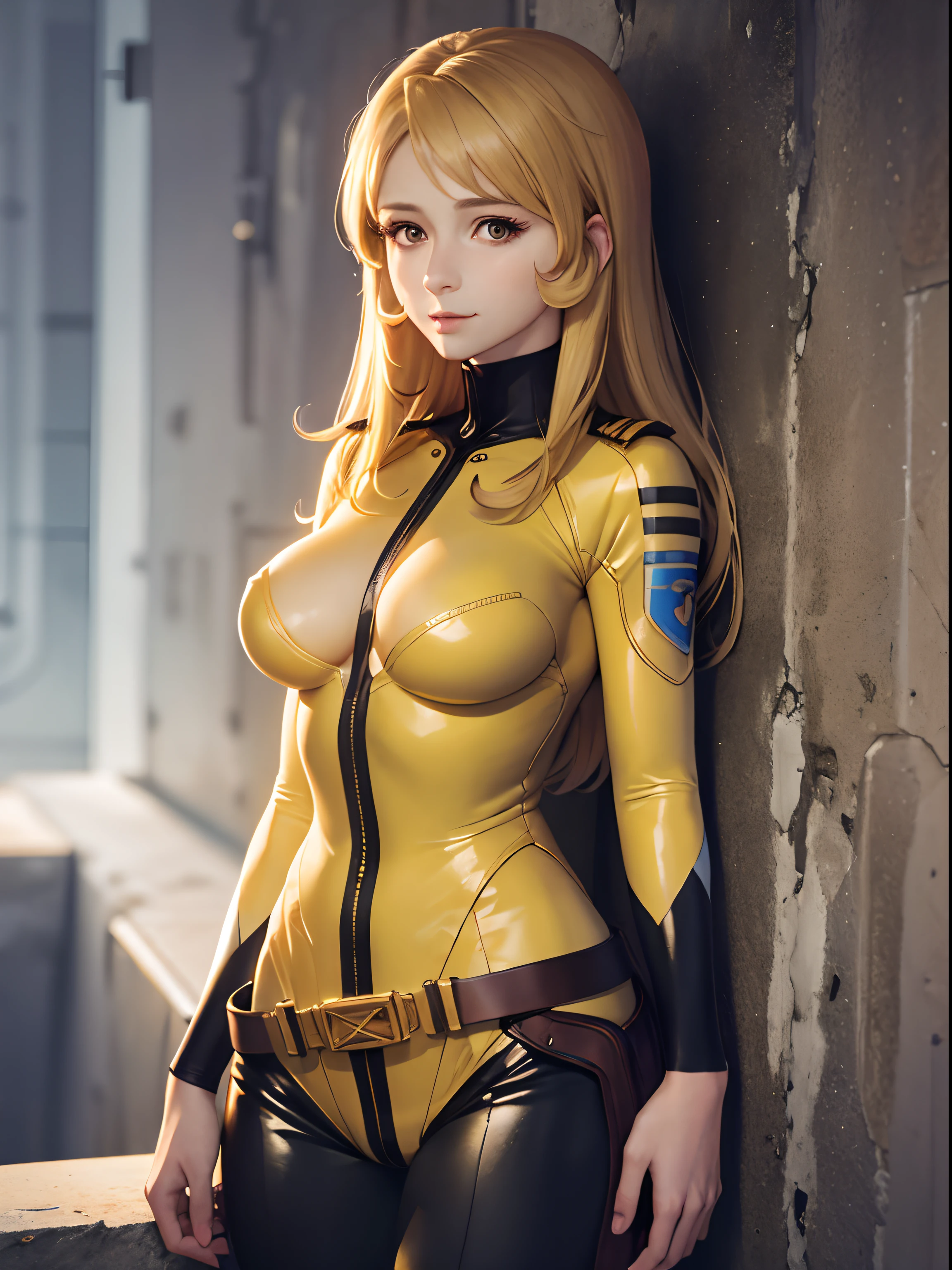 (masterpiece, best quality:1.2), cowboy shot, solo, 1girl, mori yuki, slight smile, closed mouth, looking at viewer, blonde hair, yellow bodysuit, skin tight, belt