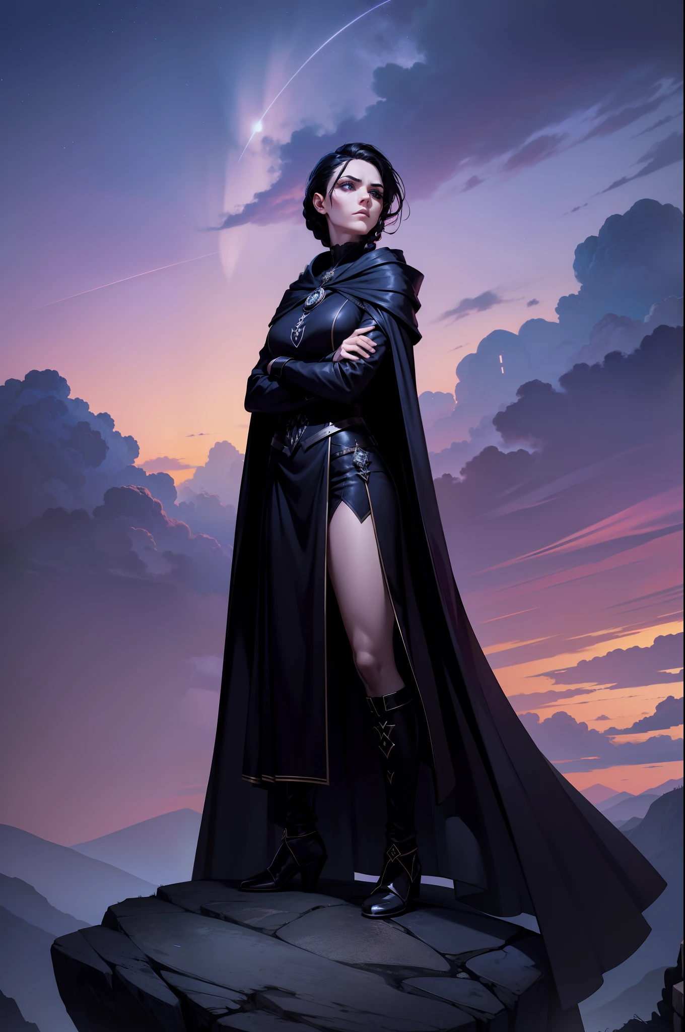 An adult female mage character wearing a hooded robe and gothic armor with black details accompanied by an adult mage character wearing a cloak, capuz. postura impositiva, face with serious expression, cabelo na cor preta liso preso, hair in black color a remarkable beauty, Magnificent, cor azul dos olhos, Purple sky with magnificent clouds, arms crossed in imposing pose and on top of a tall rock, short hair with braids