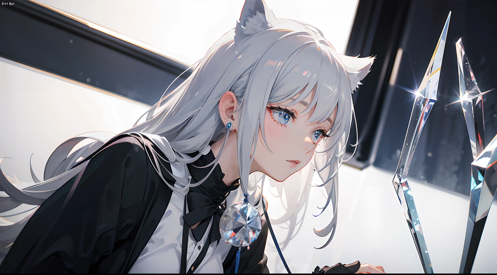 A girl with gray hair nursing ears,The background should have a crystal feel