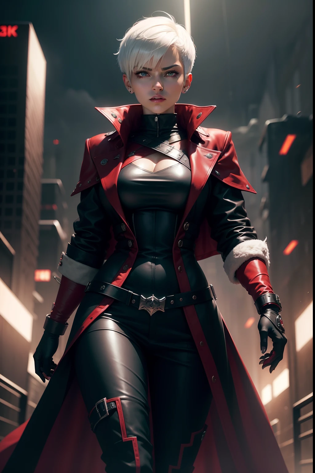 Image of a woman with short white hair with bangs thrown to the side in a crimson overcoat with black clothes and metal bracelets with a confident expression preparing for a battle, Estilo futurista, visto da cintura para cima, Foto realista, 4k, extreme res, ultra high-resolution, dynamic  lighting, personagem realista