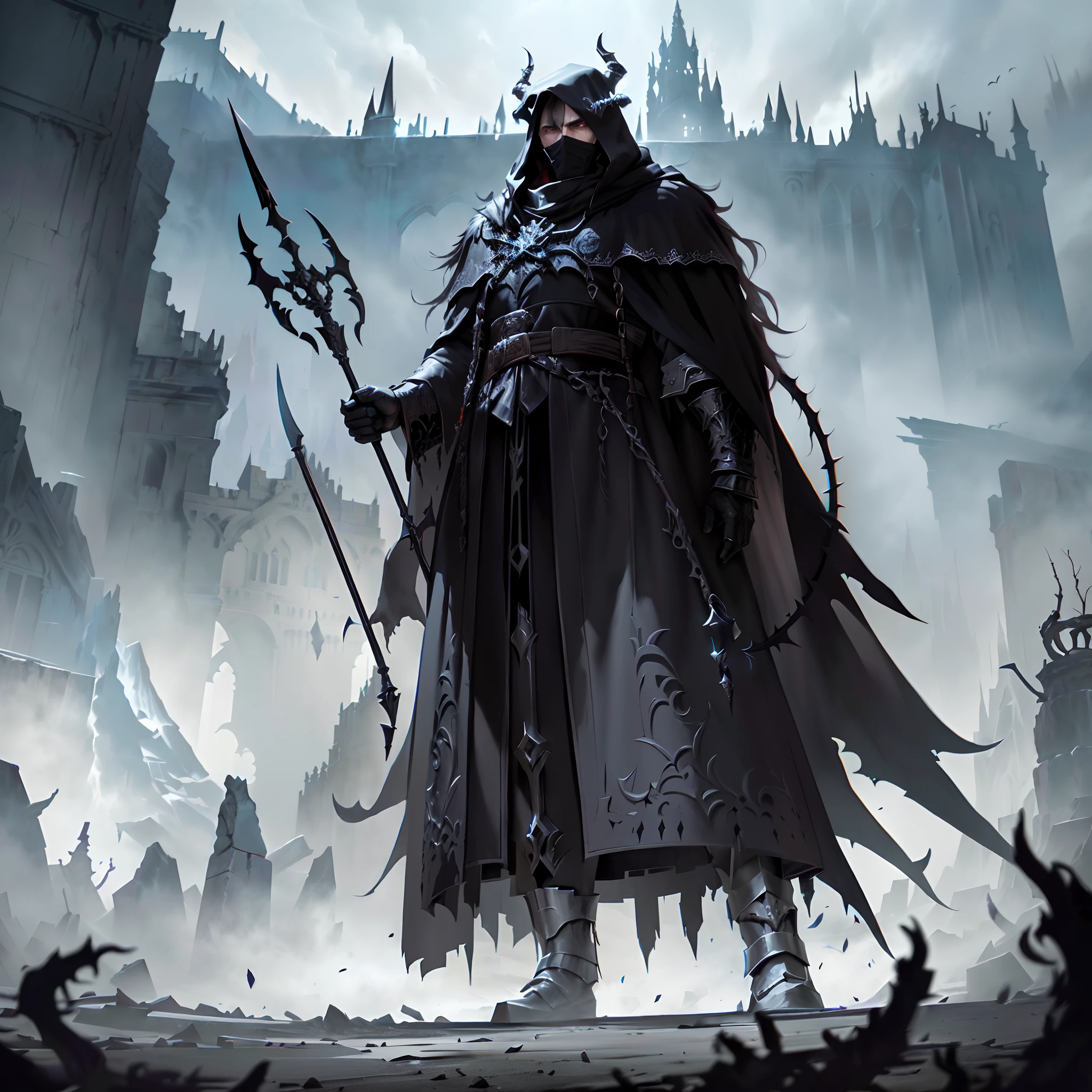 Alphad image of a man in a black cloak holding a scythe, Lich Vikner (D&D), dark fantasy style art, dark cloaked necromancer, D & d lich, dark fantasy concept art, guillem h. pongiluppi, an ominous fantasy illustration, an epic majestical degen trader, Female necromancer
