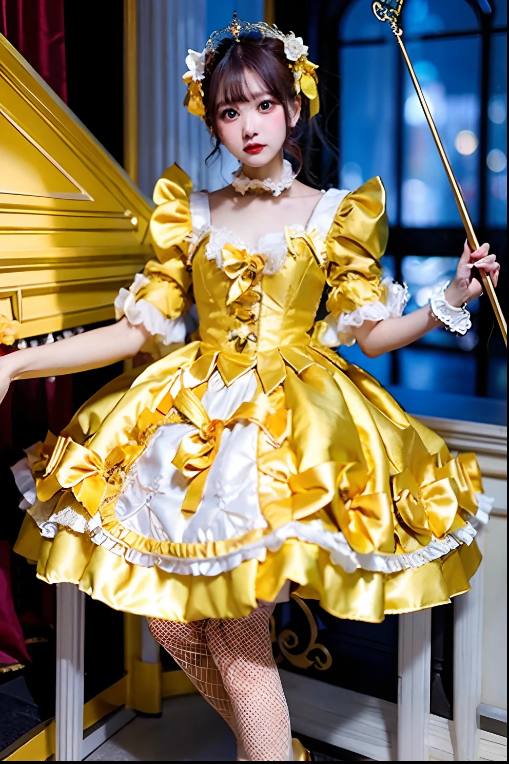 Yellow satin dress with cane and crown arafe, fantasy dress, magical dress, dreamy style, very magical and dreamy, ****ta Fashion, ethereal fairy tale, fairycore, fantasy outfit, wearing fantasy formal clothing, angelic pretty, dreamy and detailed, ****ta style, fantasy style clothing, rococo dress, Fantasy aesthetics!, romantic dress