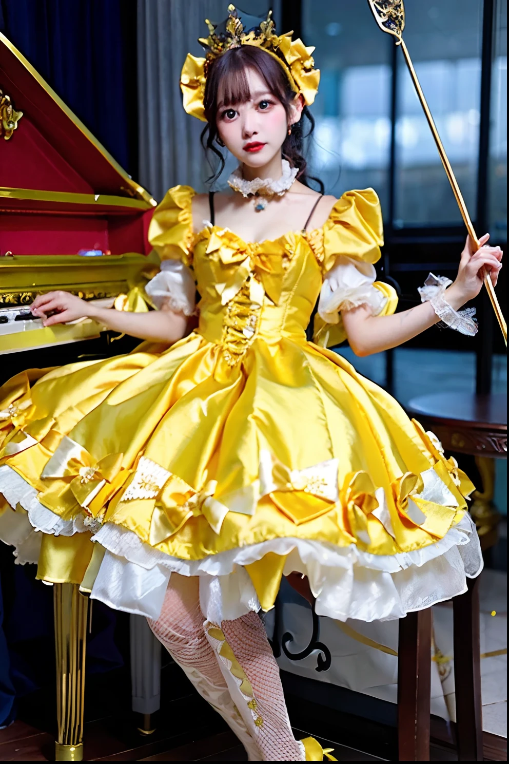 Yellow satin dress with cane and crown arafe, fantasy dress, magical dress, dreamy style, very magical and dreamy, Lolita Fashion, ethereal fairy tale, fairycore, fantasy outfit, wearing fantasy formal clothing, angelic pretty, dreamy and detailed, Lolita style, fantasy style clothing, rococo dress, Fantasy aesthetics!, romantic dress
