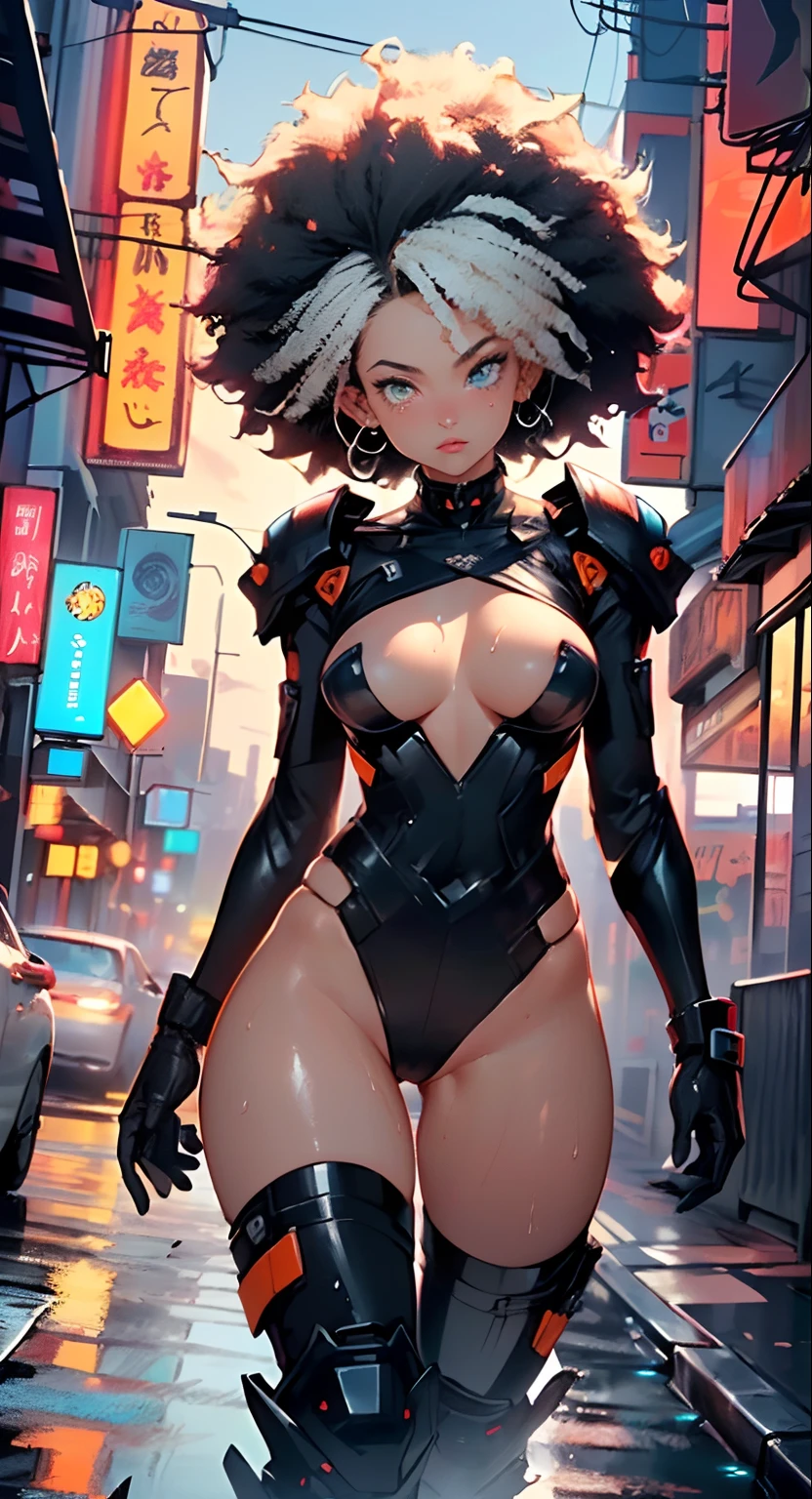 girl spacepunk,(((1girl))),((cute and beautiful afro haired girl)),((((black race)))),
(large breasts:1.4),saggy breasts,((((black afro hair:1.35,((afro hair:1.35)),afrohair,afro:1.35,dark hair,black hair,)))),medium hair,((heterochromia:1.5,eye1 orange:1.5,eye2 red:1.5,perfect eyes,upturned eyes:1.3,bright pupils,finely detailed beautiful eyes:1,big highlight on eyes:1.2,vibrant color eyes:1.5)),((fat)),((((tan,dark skin,black skin:1.35,dark-skinned_female,dark skin:1.3,ebony skin,lustrous skin:1.5,bright skin: 1.5,shiny skin,very shiny skin,shiny body,illuminated skin,wet legs)))),(spider lower abdomen,narrow waist,wide hip,athletic body,inflated legs,delicate detailed fingers),((hand consists of a short thumb and four fingers,hand with just five fingers,(detailed face))),
cute,slutty,sensual,seductive look,seductive,erotic,enchanting,((nsfw)),
zettai ryouiki,revealing clothing,show skin,(wearing a mechanical space body armor:1.3,micro bikini,bare legs,an armored arm),((wet clothes, intrincate outfit,intrincate clothes)),
(dynamic pose:1.0),solo focus,embarrassed,(centered,scale to fit dimensions,Rule of thirds),
cyberpunk city by the ocean at night, with bright neon signs and dark stormy clouds and puddles,
highres, sharp focus, (ultra detailed, extremely detailed), (photorealistic artwork:1.37),(extremely detailed CG unity 8k wallpaper),((synthwave background theme)),(((vibrant colors,))),(intricate),(masterpiece),(best quality),synthwave neon colors,