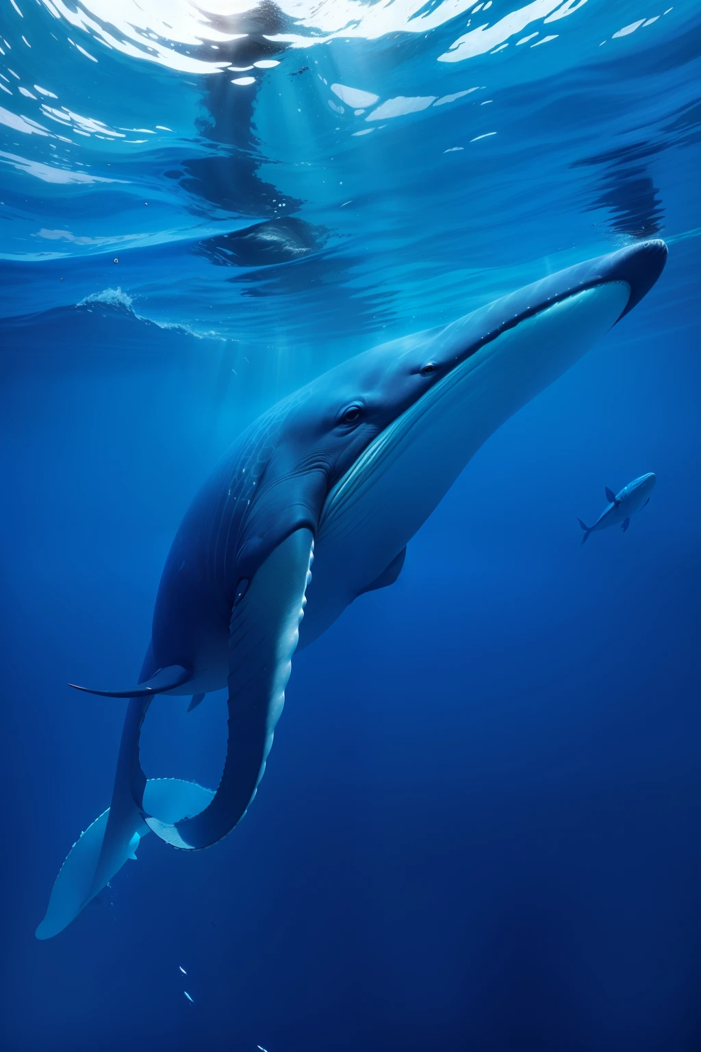 Create a captivating artwork featuring a magnificent blue whale in its natural ocean habitat. Picture the immense size and gentle nature of this incredible marine creature. Capture the details of its sleek, blue-gray skin and the sense of awe it inspires as it gracefully swims through the deep blue waters. Convey the majesty and serenity of the blue whale in this stunning oceanic scene