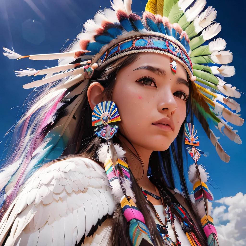 (Best Quality,Ultra-detailed,prismatic effects:1.2),masutepiece:1.2,skyporn, １garl
(youthfulness) native american, long white hair, While staring at the sky, holding axe, 
Traditional attire, Headdress of feathers,The magnificent Mount Olga, (Ayers Rock),Majestic Eagle, Sunlight