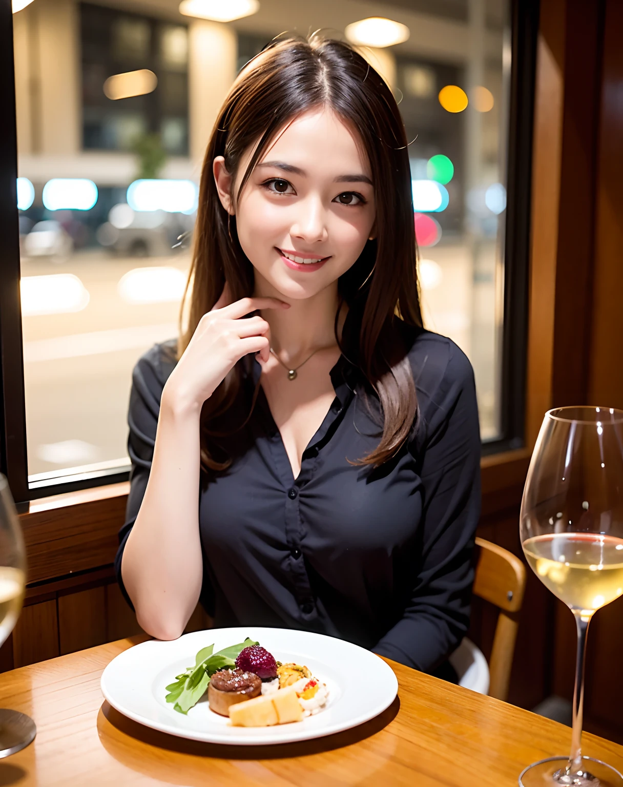 (64K, UHD, top quality, masterpiece: 1.2), (realistic, photorealistic: 1.37), super detailed, pretty woman 1 person, (slim face), (slim body), (brown hair), (short cut), cheeks slightly blushing, (44 years old), 38 years old, solo, beautiful detailed urban night view outside the window, restaurant, wine glasses sit, at night, in a prominent placeNovaFrogStyle, Actress, Model, Waist Up, White Wine, Slim, Wine Glass, Super Clean Night View, Wine Glass Put in the Middle, Happy Smile, (Smile: 1.15), Beautiful Fine Eyes, Upper Body, Bust Japan Up, Night, Short, Short, Actress, Model, Waist Up, White Wine, Slim, Wine Glass, Super Clean Night View, Wine Glass Put in the Middle, Happy Smile,