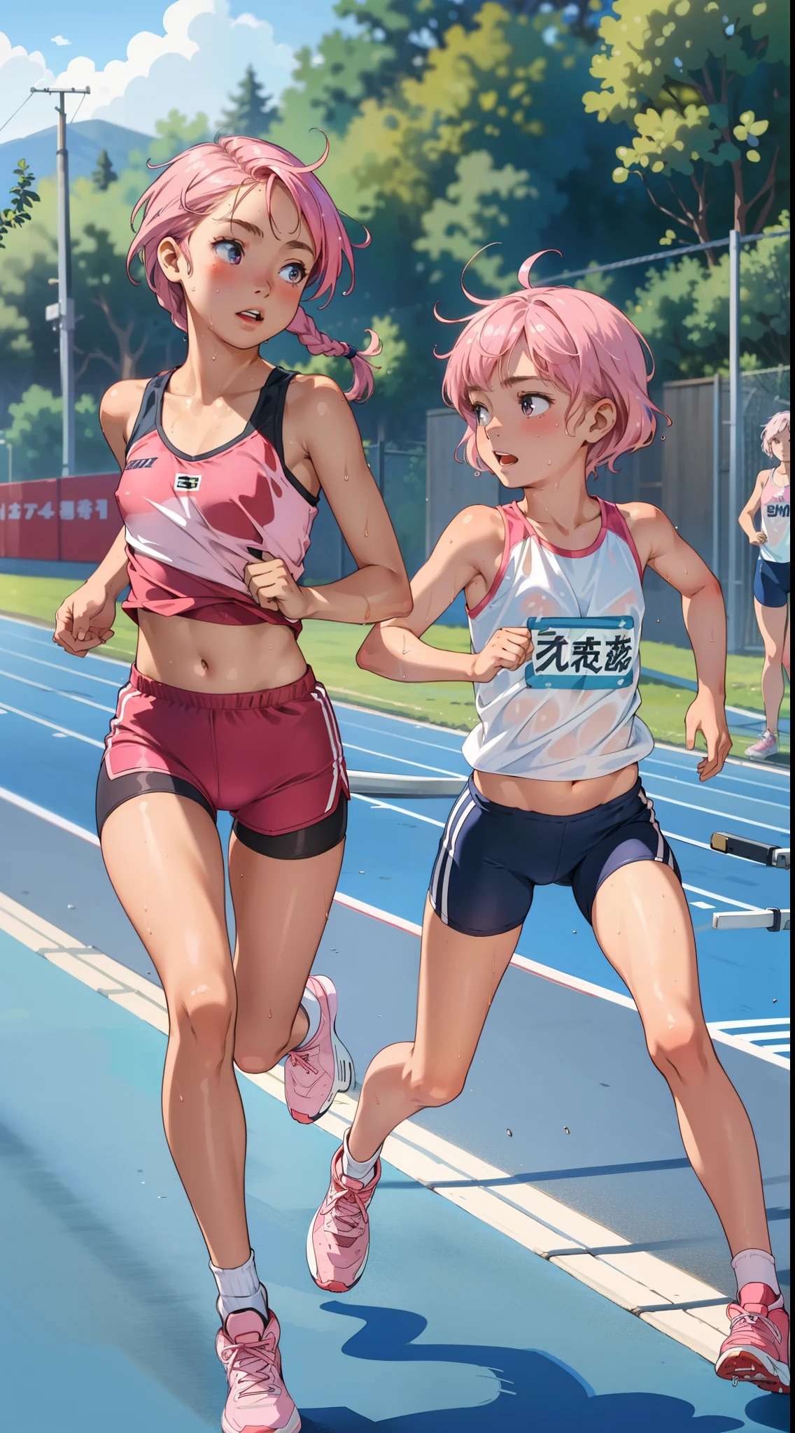 masutepiece, Best Quality, Ultra-detailed, Illustration, extremely delicate and beautiful,High resolution, Ultra-detailed,,Perfect face,Slender Perfect Body, Tight belly,Toned buttocks,Constricted waist,,(Two girls running,dash:1.5),  student,(1 girl with pink hair,One girl with gray hair), (Very short hair from one girl,One girl with long braid hair), Shy daughter, Short stature, small tits,(Flåm Athletics Stadium), (Fashionable track and field athletes),(Bike Shorts), small tits, (Wet:1.2), track and field,((Very Wide Shot )),(Cameltoe),( Visible through clothes)、（clean legs）,childishｵﾏﾝｺ、The shape of the pubic area is clear、rather small breasts、flat breast、｛｛The costume is sheer｝｝,｛｝,{{The pubic area is protruding}}、｛｛Pubic area exposed｝｝、｛Costume with visible nipples｝,,{Papillae visible through clothes｝,｛Pink papillae｝、pointed papillae 、｛｛pointed Nipple｝｝、ｵﾏﾝｺthe shape of the is clear、