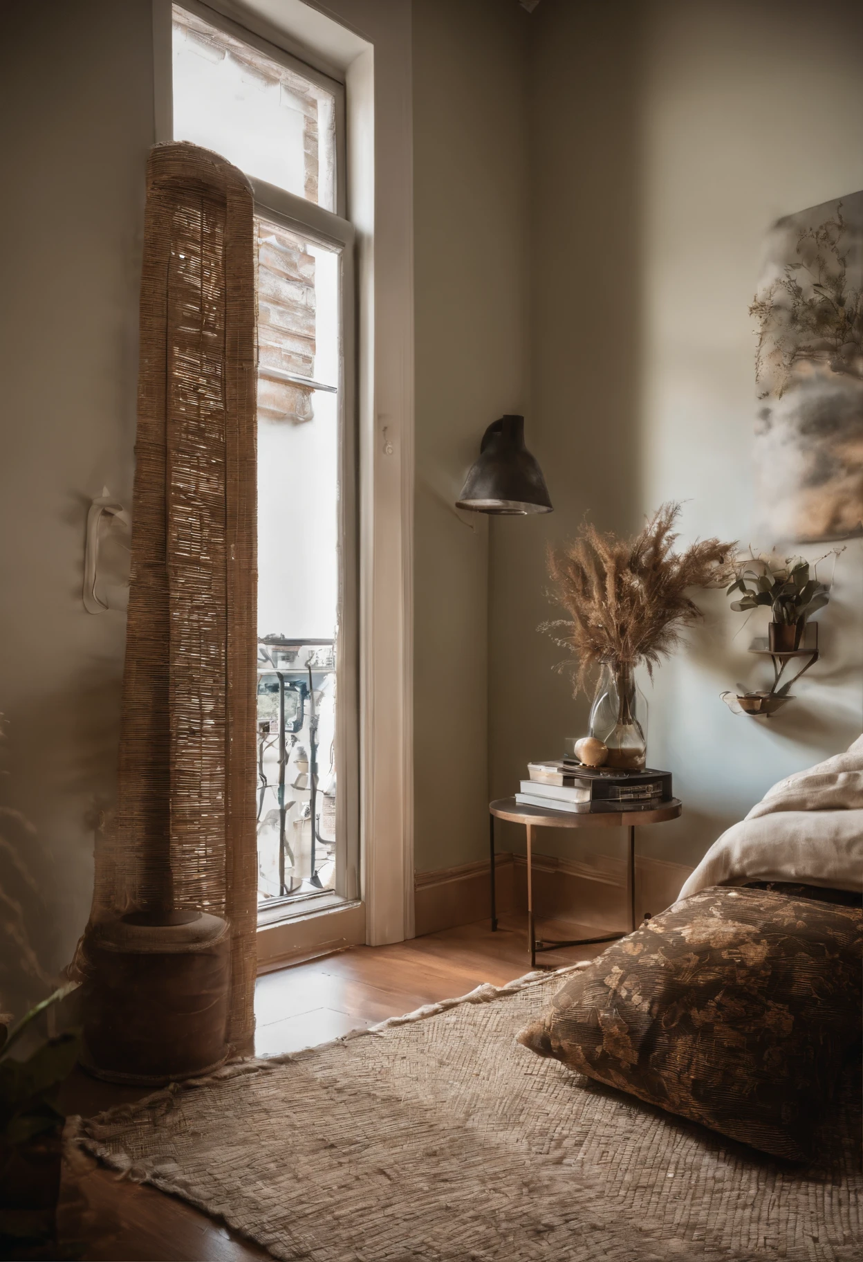 Parte interna de apartamento, na luz do dia, chic. Com sala e tv. Corredor que leva para o quarto, duas janelas. Paredes em cor bege.