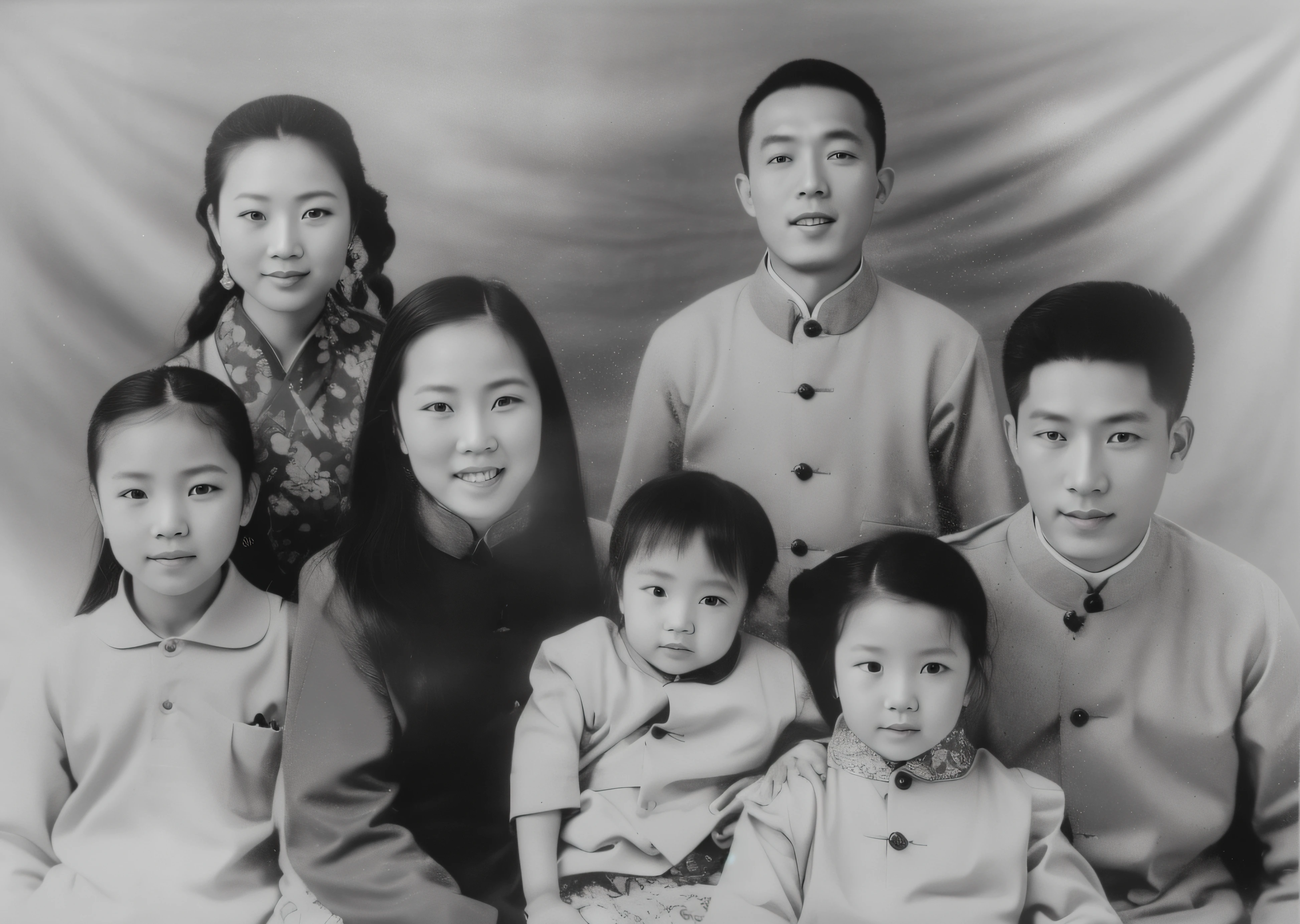 a black and white photo of a family posing for a picture, historical picture, old picture, historical image, taken in the early 2020s, unknown location, historical photo, photo taken in 2 0 2 0, 1950s family, about 3 5 years old, old photo, an old balck and white photo, family portrait, yee chong