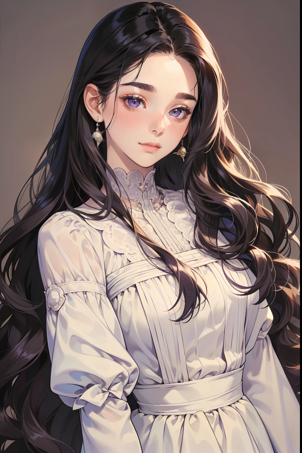 masterpiece, best quality, realistic, mature female, cute, , closed mouth, portrait, extremely detailed face, soft smile, (dark purple eyes), ((long wavy black hair), ((front bangs hair)), [thin eyebrows], ((long sleeve simple elegant ball dress)), no makeup, light smile, ear blush, light blush, short eyelashes, full body