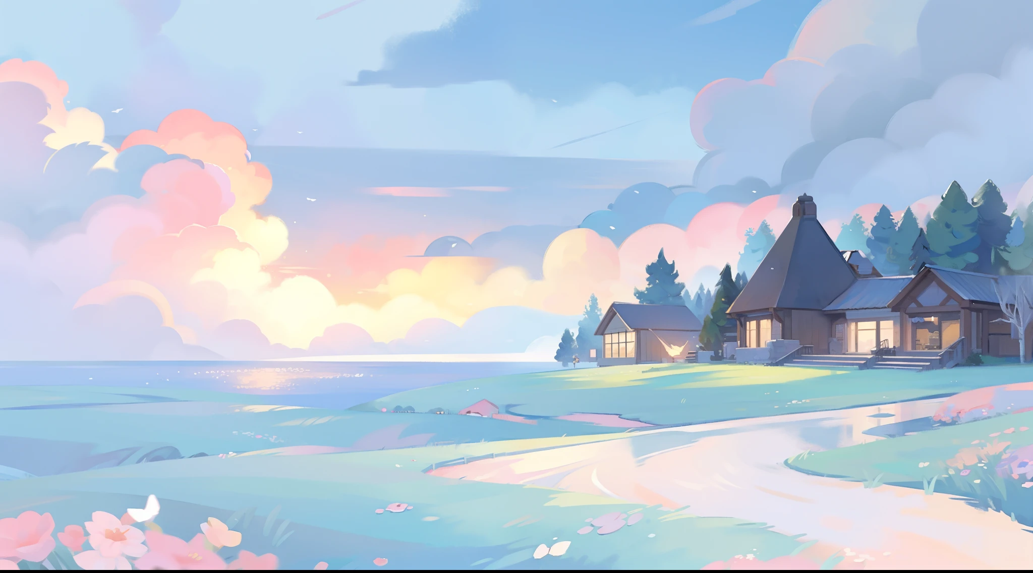 watercolor, children's storybook illustration, clouds, colorful, pastel colors, bright, ((masterpiece)), ((best quality)), 8k, intricate detail, high resolution, highly detailed environment, perfect architecture, sharp focus, highly detailed, fine detail, masterpiece, best quality, tiny details, watercolor storybook illustration, ocean fantasy, watercolor illustration, whimsical, magical, fantasy, warm colors, seaside village