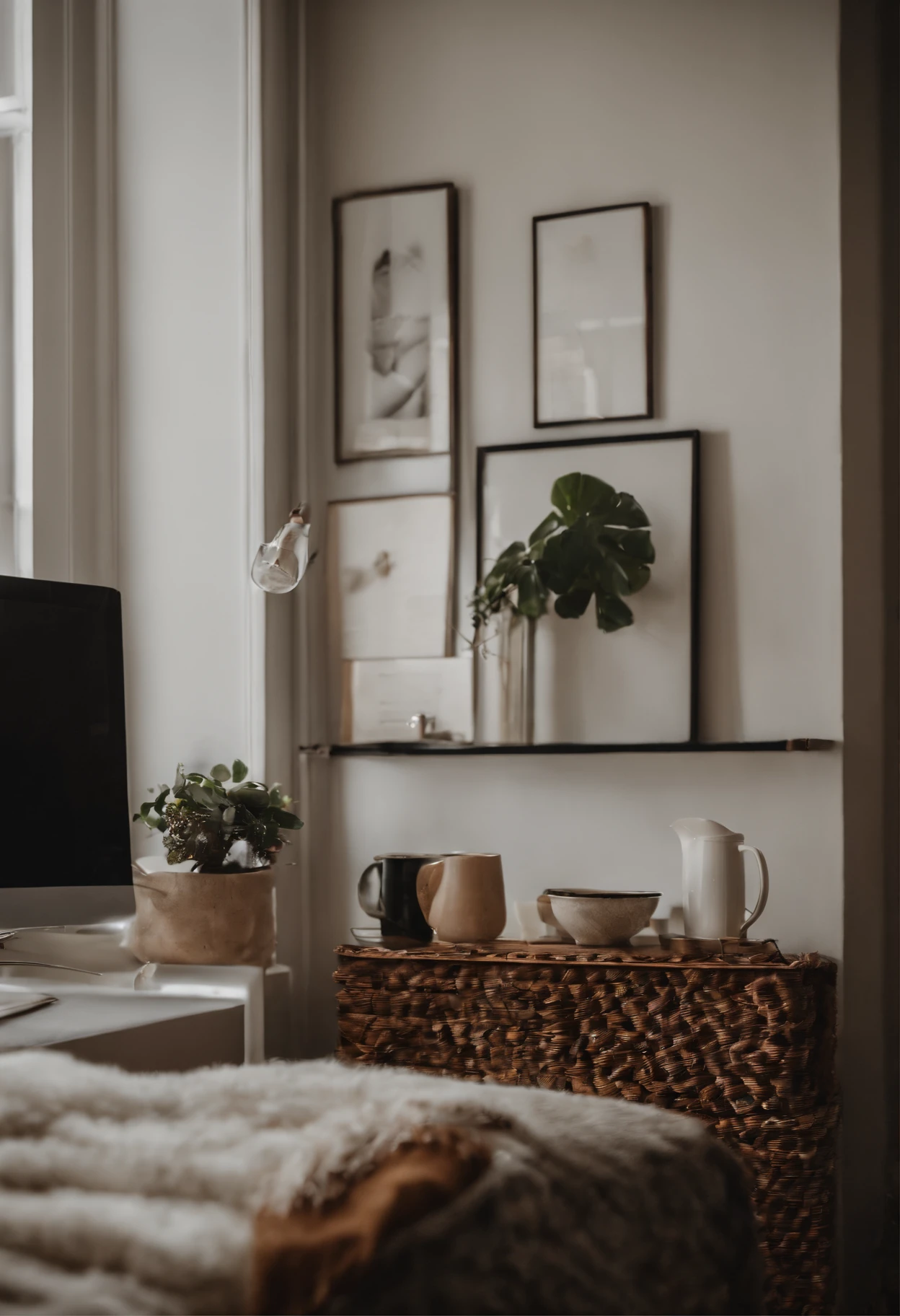 Parte interna de apartamento, na luz do dia, chic. Com sala e tv. Corredor que leva para o quarto, duas janelas. Paredes em cor bege.