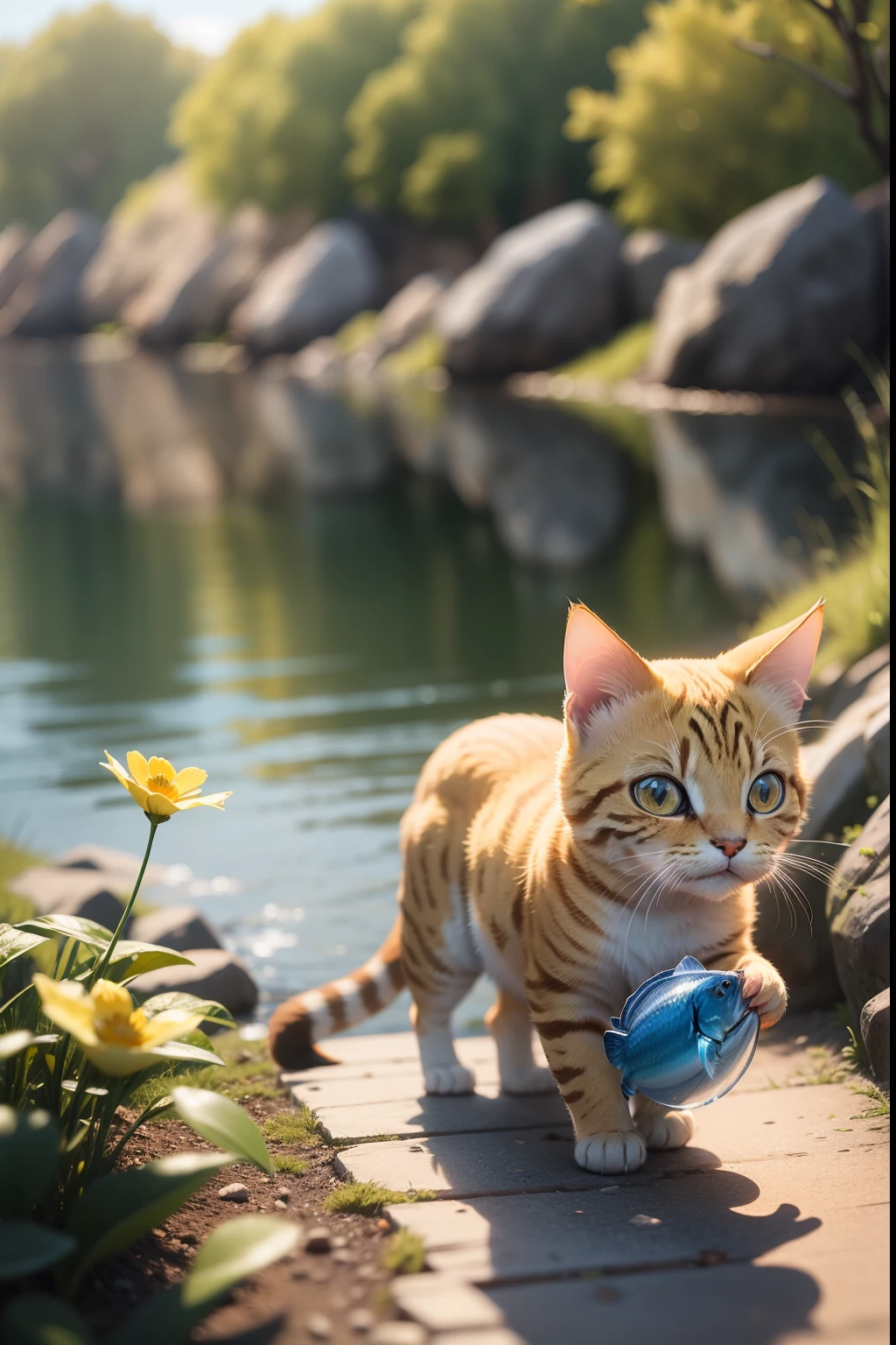 Little cute yellow cat catches a fish by the river, There are small flowers by the river, steins, Blue sky. and the sun was shining brightly, the detail， 4K， k hd， high high quality.