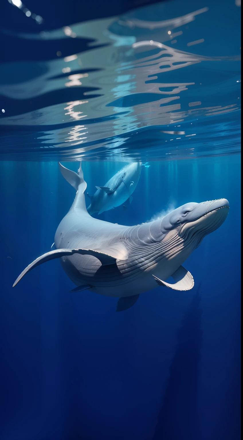 Create a captivating artwork featuring a magnificent blue whale in its natural ocean habitat. Picture the immense size and gentle nature of this incredible marine creature. Capture the details of its sleek, blue-gray skin and the sense of awe it inspires as it gracefully swims through the deep blue waters. Convey the majesty and serenity of the blue whale in this stunning oceanic scene