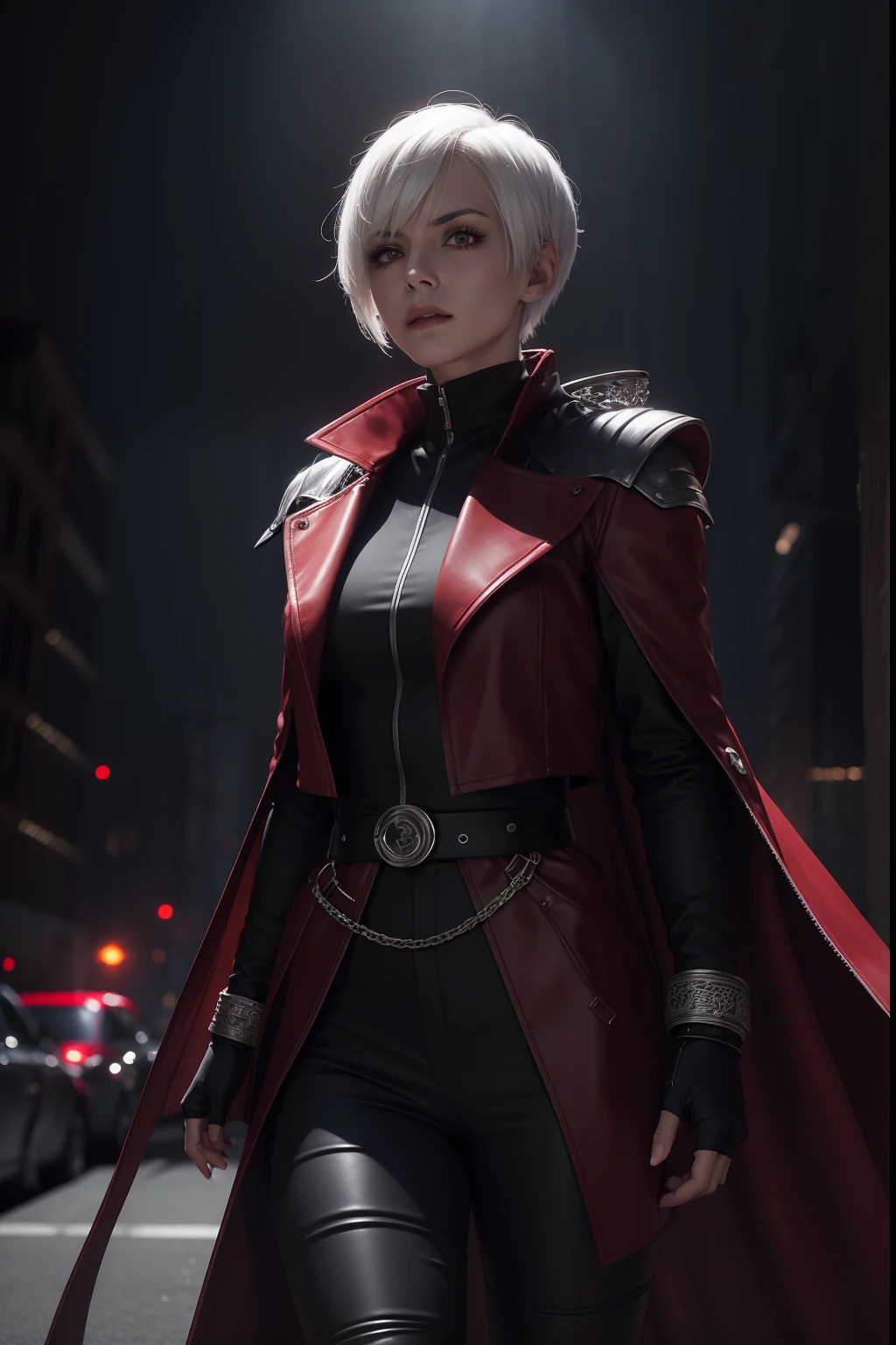 Image of a woman with short white hair with bangs thrown to the side in a crimson overcoat with black clothes and metal bracelets with a confident expression preparing for a battle, Estilo futurista, visto da cintura para cima, Foto realista, 4k, extreme res, ultra high-resolution, dynamic lighting, personagem realista