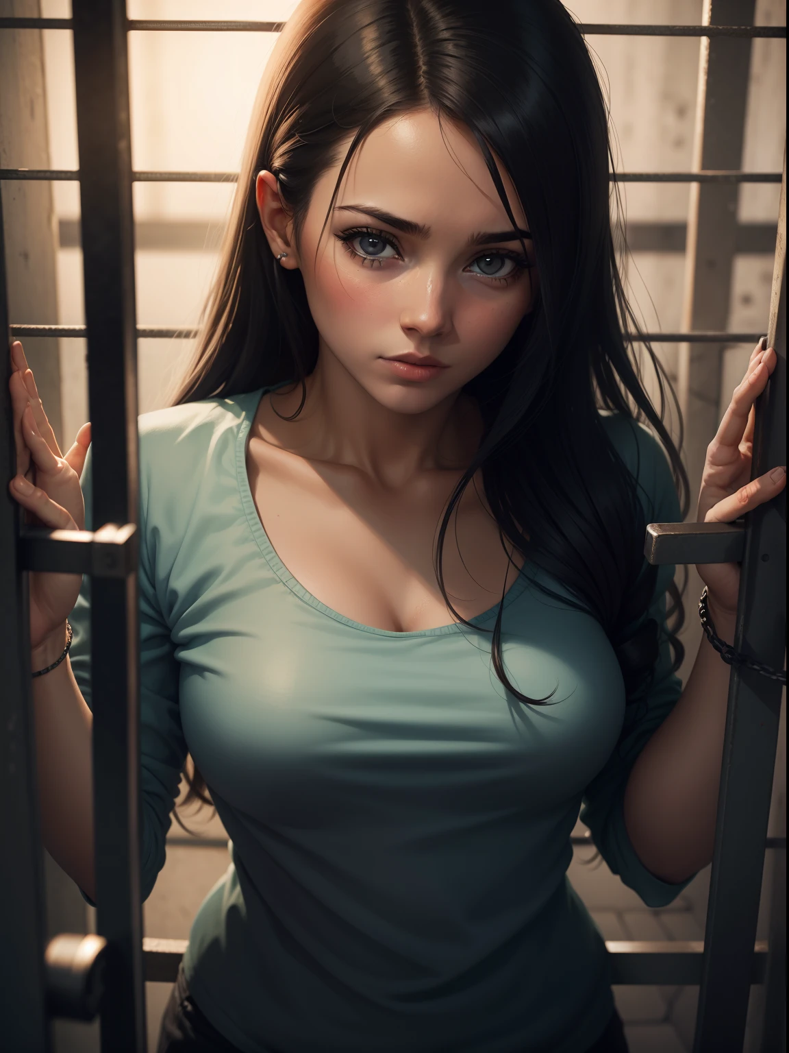 1 slave, linked, girl in handcuffs, squatting down, Kneeling, knees on the floor, 比基尼, camel toe, medium breasts, chained , chains, open knees, shy and embarrassed expression, Crowded market, busy market