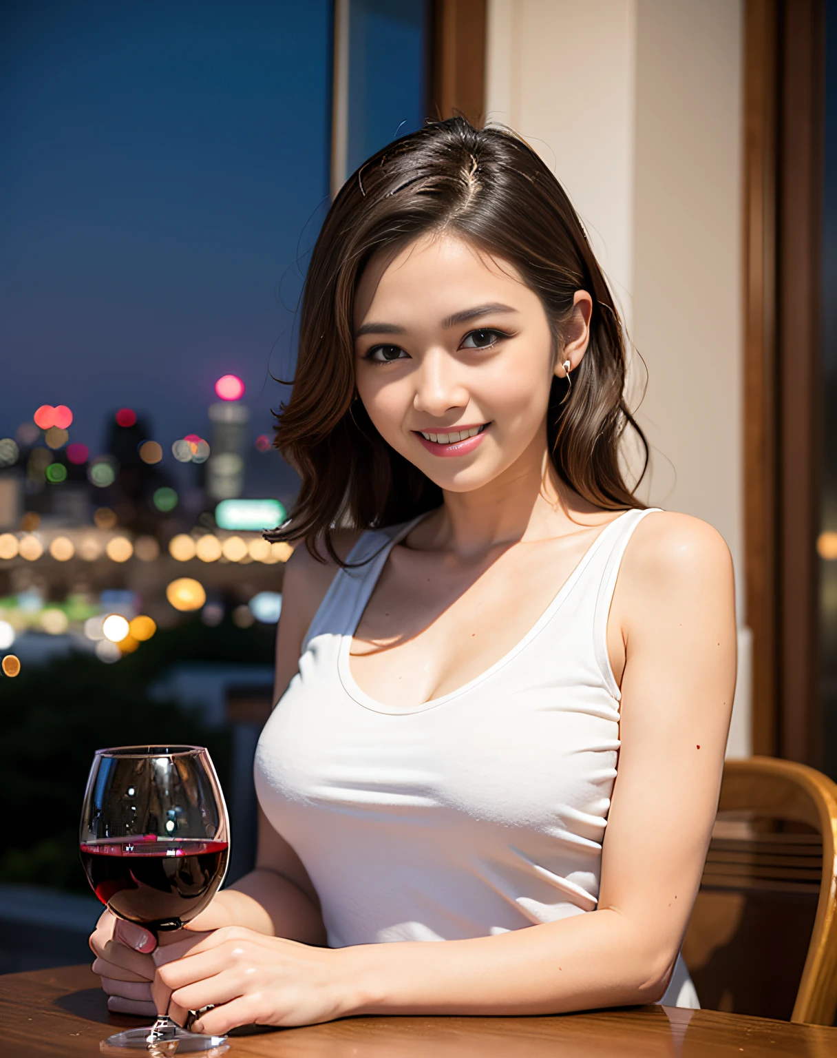 (64K, UHD, top quality, masterpiece: 1.2), (realistic, photorealistic: 1.37), super detailed, pretty woman 1 person, (slim face), (slim body), (brown hair), (short cut), cheeks slightly blushing, (44 years old), 38 years old, solo, beautiful detailed urban night view outside the window, restaurant, wine glasses sit, at night, in a prominent placeNovaFrogStyle, Actress, Model, Waist Up, White Wine, Slim, Wine Glass, Super Clean Night View, Wine Glass Put in the Middle, Happy Smile, (Smile: 1.15), Beautiful Fine Eyes, Upper Body, Bust Japan Up, Night, Short, Short, Actress, Model, Waist Up, White Wine, Slim, Wine Glass, Super Clean Night View, Wine Glass Put in the Middle, Happy Smile,