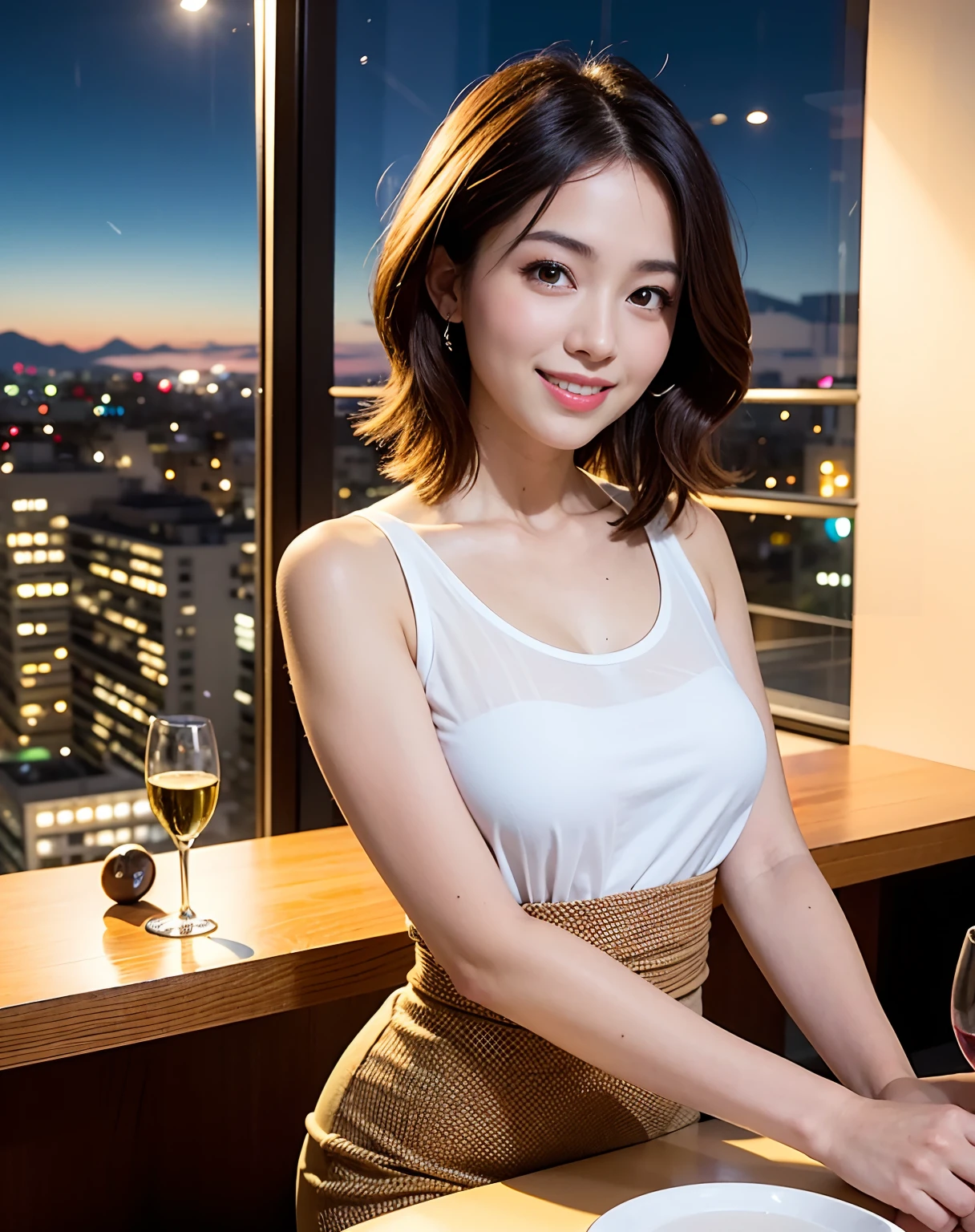 (64K, UHD, top quality, masterpiece: 1.2), (realistic, photorealistic: 1.37), super detailed, pretty woman 1 person, (slim face), (slim body), (brown hair), (short cut), cheeks slightly blushing, (44 years old), 38 years old, solo, beautiful detailed urban night view outside the window, restaurant, wine glasses sit, at night, in a prominent placeNovaFrogStyle, Actress, Model, Waist Up, White Wine, Slim, Wine Glass, Super Clean Night View, Wine Glass Put in the Middle, Happy Smile, (Smile: 1.15), Beautiful Fine Eyes, Upper Body, Bust Japan Up, Night, Short, Short, Actress, Model, Waist Up, White Wine, Slim, Wine Glass, Super Clean Night View, Wine Glass Put in the Middle, Happy Smile,