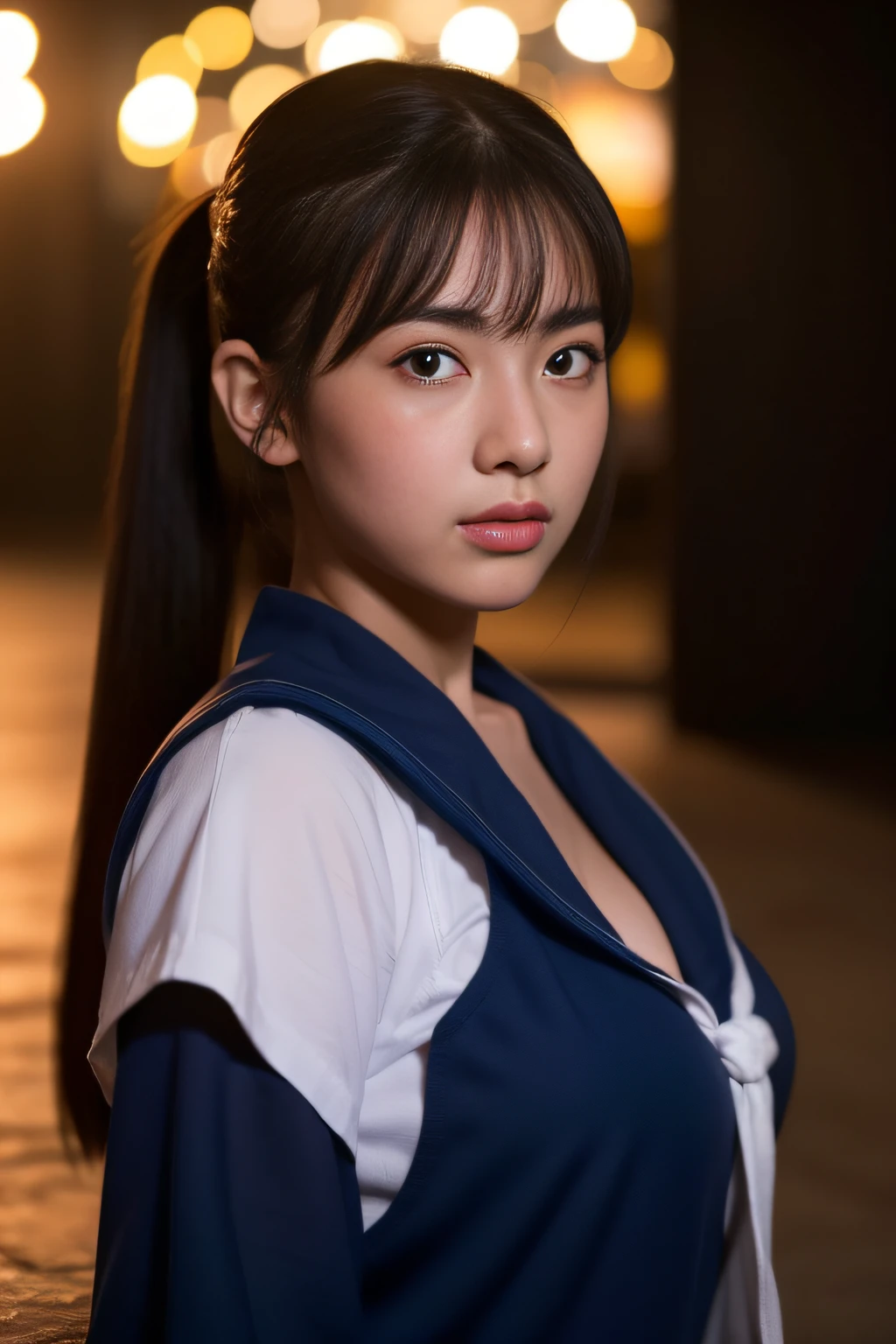 (​masterpiece、hightquality、high-level image quality)、(Heroine special effects movie in which high school girls fight、Bad girls fight for justice with a change of heart)、(Schoolgirl dark blue sailor suit、17 age、Good looking bad girl、Police minions、outlaw)、Maximum skin exposure、cheeks and legs with blood stains、Torn clothes and skirts are stained with mud、Rugged face、poneyTail、Good looks、Idol actress、Action Katsugeki、Beautiful cleavage、Colossal tits:1.3、Flames burning in the background、during night、suspenseful、Professional filming、