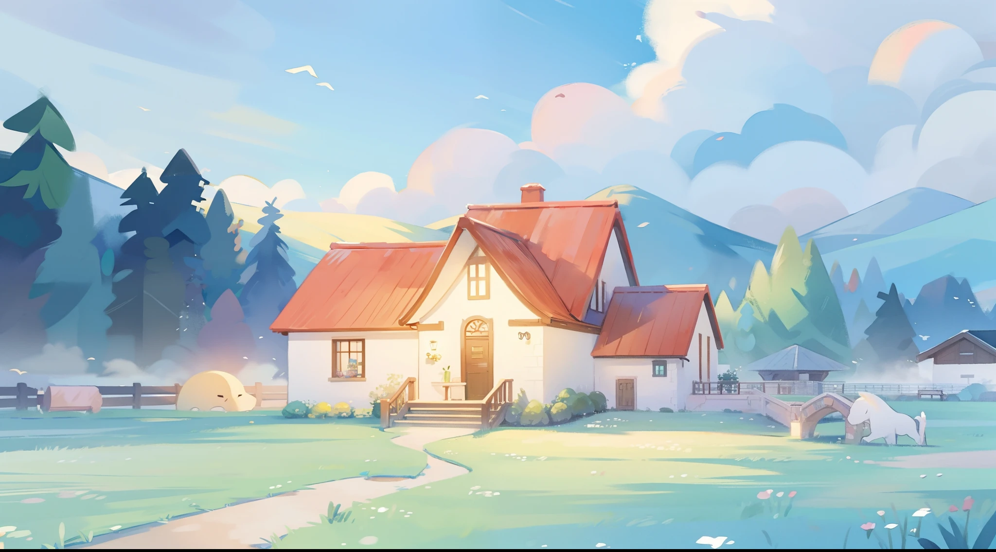 watercolor, children's storybook illustration, clouds, colorful, pastel colors, bright, ((masterpiece)), ((best quality)), 8k, intricate detail, high resolution, highly detailed environment, perfect architecture, sharp focus, highly detailed, fine detail, masterpiece, best quality, tiny details, watercolor storybook illustration, ocean fantasy, watercolor illustration, whimsical, magical, fantasy, warm colors, village