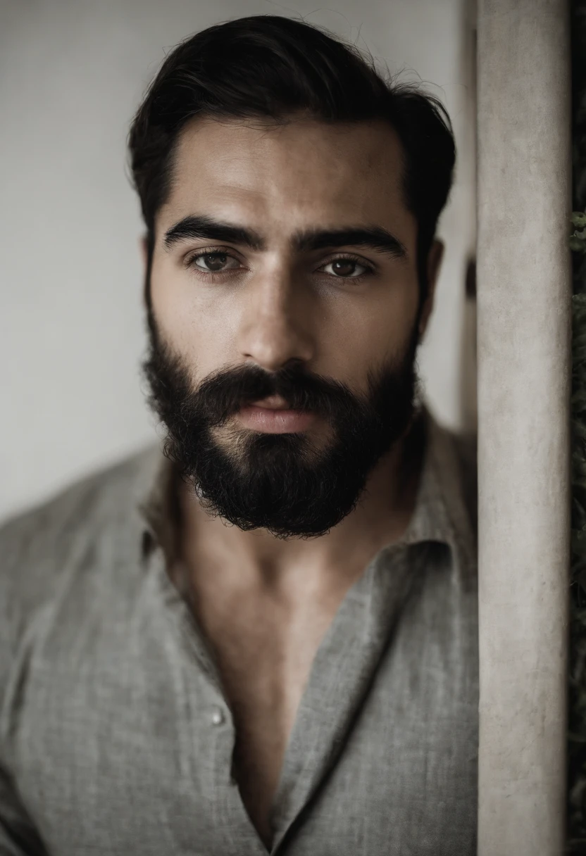 Homem branco jovem 25 anos, leve barba, muito loiro de olhos bem claros. Lindo, sem blusa, forte. Dentro de seu quarto.