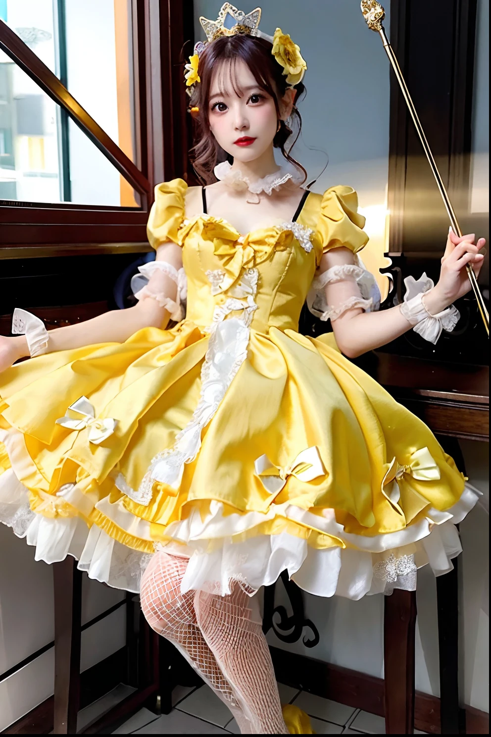 Yellow satin dress with cane and crown arafe, fantasy dress, magical dress, dreamy style, very magical and dreamy, Lolita Fashion, ethereal fairy tale, fairycore, fantasy outfit, wearing fantasy formal clothing, angelic pretty, dreamy and detailed, Lolita style, fantasy style clothing, rococo dress, Fantasy aesthetics!, romantic dress