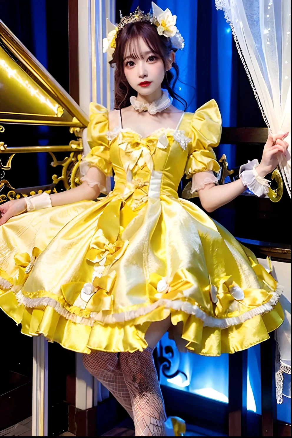 Fairytale princess(Pastel yellow and black mini dress with the image of a bee、fishnet tights)、、A detailed face、The castle is inspired by a beehive、、Inside the room is covered with honey、tall、long beautiful legs、Vertical hair roll、diadems、Idol face
