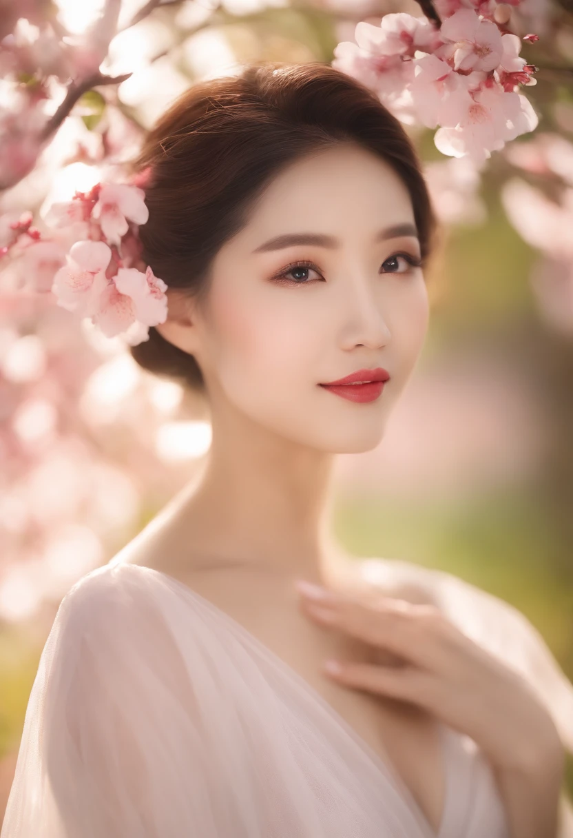 gentil e encantadora mulher bonita chinesa, foto de meio comprimento, Delicate and sexy collarbone, encantador rosto oval, double eyelids, vivid peach blossom eyes, pink lips, nariz pequeno, bareshoulders, Rosto focado, Rosto em close-up, ultra-high-definition, super detalhes, elegant standing posture, Ultra-thin wet wire light transmitter