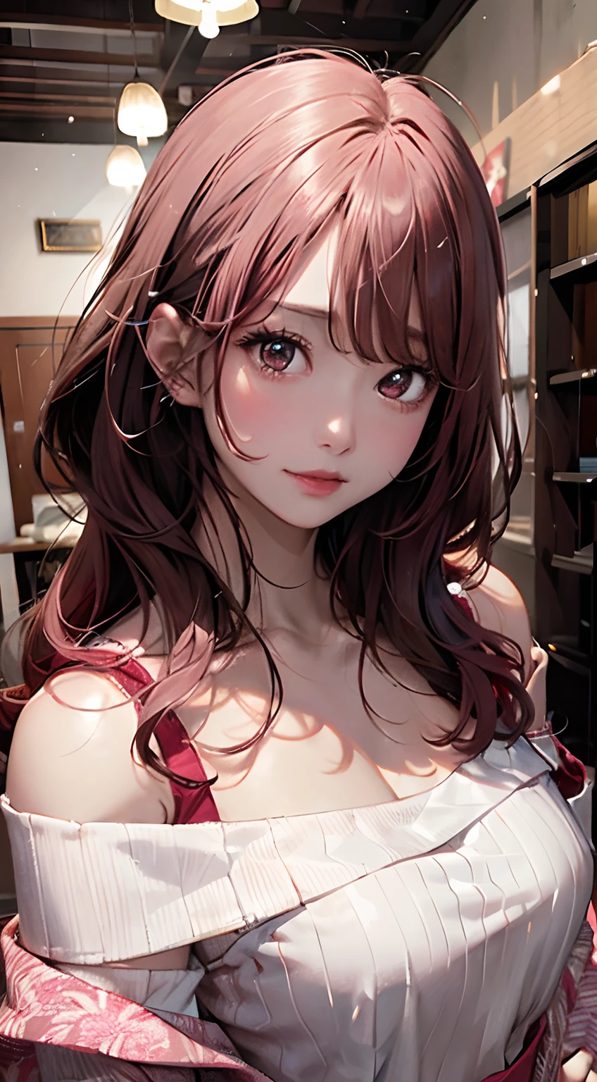(tmasterpiece), hyoer realistic, one-girl,little breast,(Be red in the face),A pink-haired,Redlip,cleavage,(Off-the-shoulder attire:1.2),Bust photo,looks into camera,sportrait,ssmile,Gold clothes,Fighting posture,Japanese-style ancestral hall,large gate,SakuraNS,4k画质,The most beautiful face,White skin of the,Metallic clothing