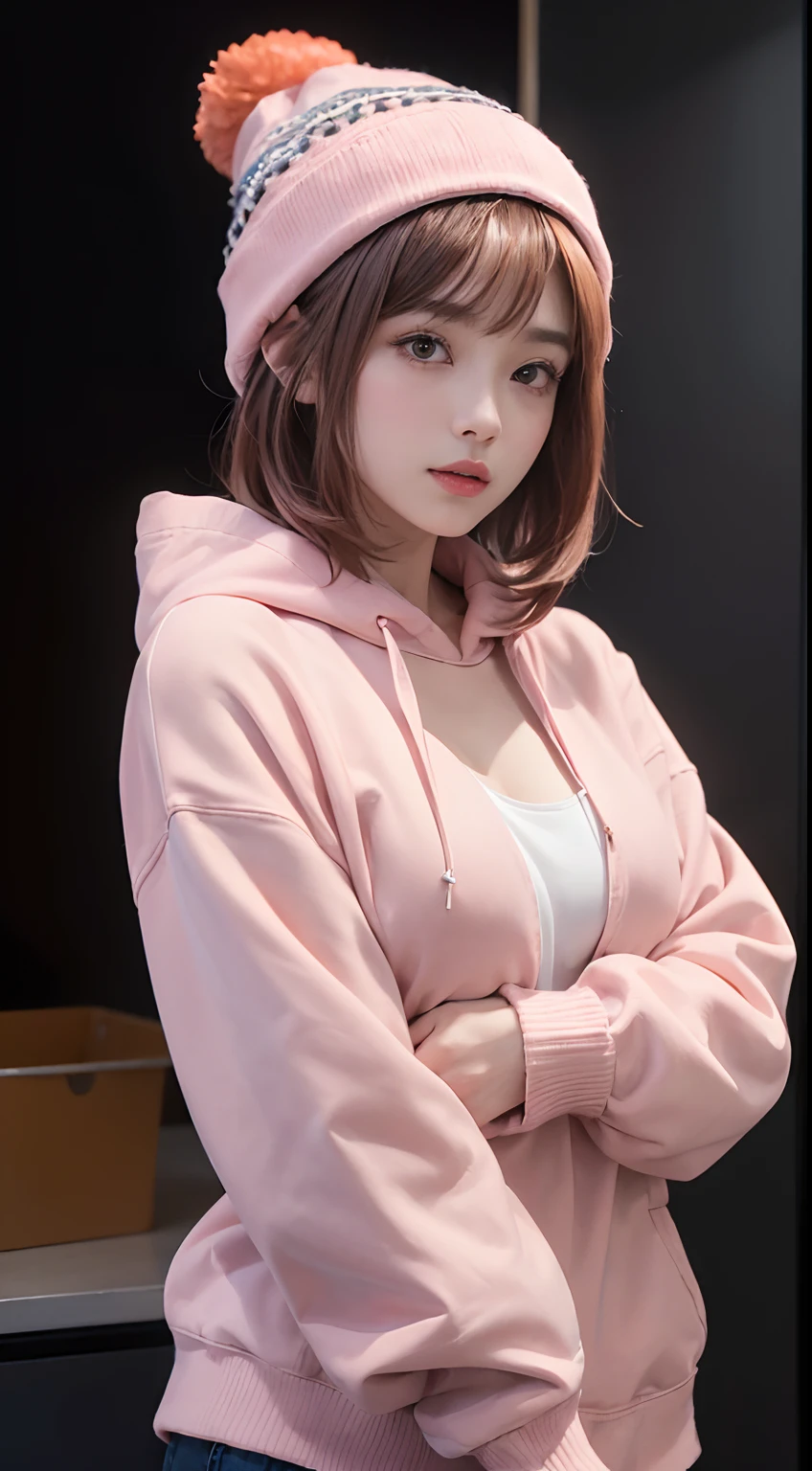 (((RAW image quality:1.4))), highest quality, ultra high resolution, (realistic: 1.4), She wore a spring-like pastel-colored long-sleeved hoodie.、photo of active teenager, cowboy shot, random pose、