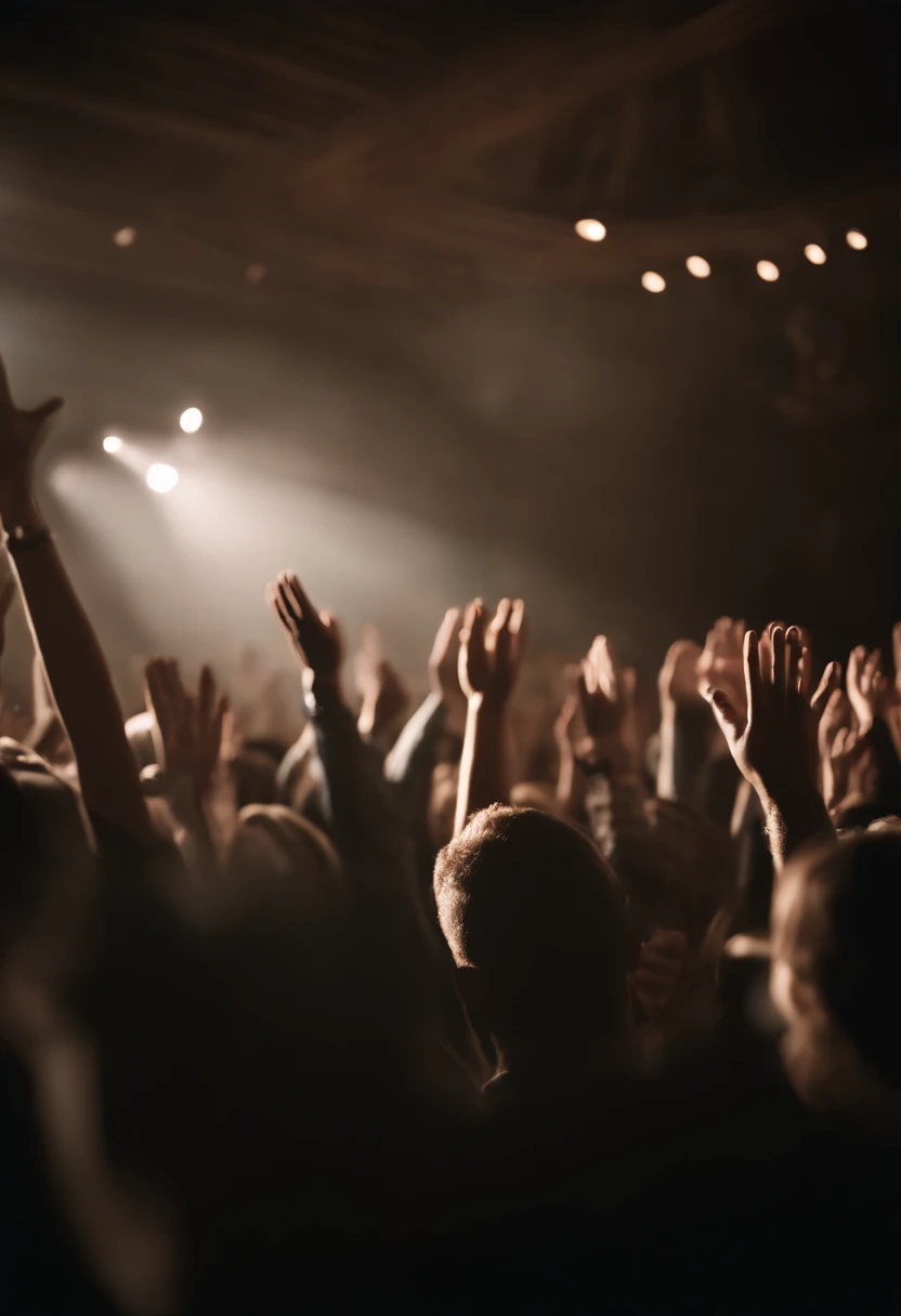 cinematic film still people raising their hands in worship during a service. . shallow depth of field, vignette, highly detailed, high budget Hollywood movie, bokeh, cinemascope, moody, epic, gorgeous, film grain, grainy