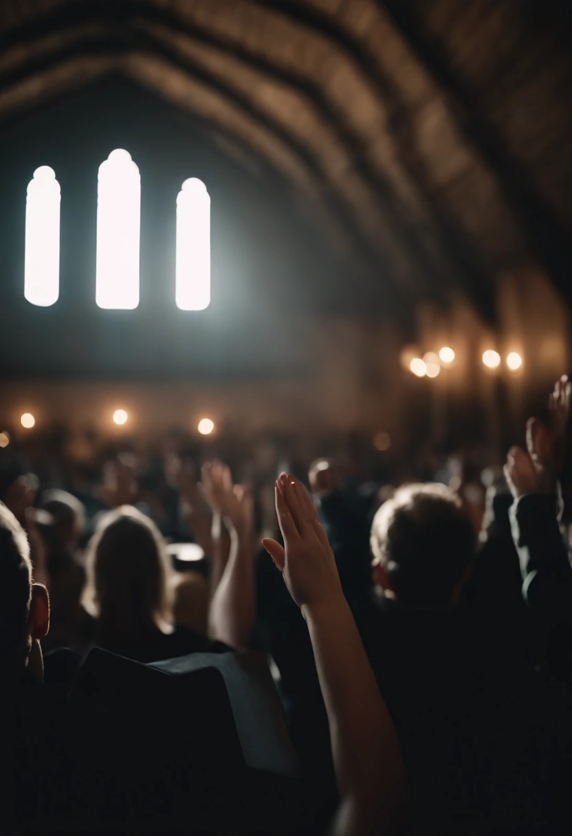 cinematic film still people raising their hands in worship during a service. . shallow depth of field, vignette, highly detailed, high budget Hollywood movie, bokeh, cinemascope, moody, epic, gorgeous, film grain, grainy