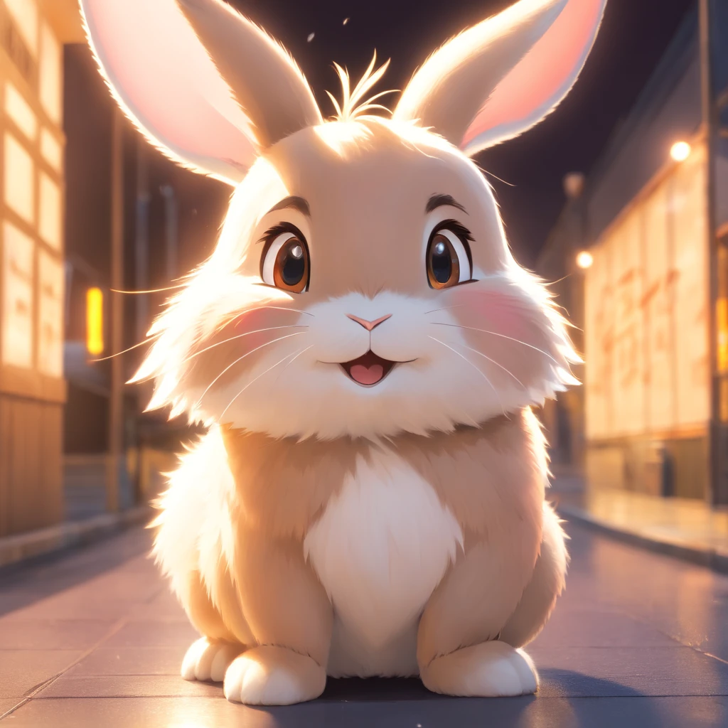 Adorable bunny in Pixar movie style, cinematic lighthing, Depth detection, hiper detalhada, qualidade 8k.  depth of fields，perfect lighting，light particles，（best quality），（masterpiece），（Ultra - Detailed），sharp focus，light particles，Niji，bunny，male，god eyes，brown_eye，Looking_in_viewer，smile，so little，furry， bicho_orelha_fluff，tail，(rabbit, furry, anthropomorphic), Male, Best quality, human-like body figure), professional art, CGsociety - W 1 0 2 4 - N 8 -