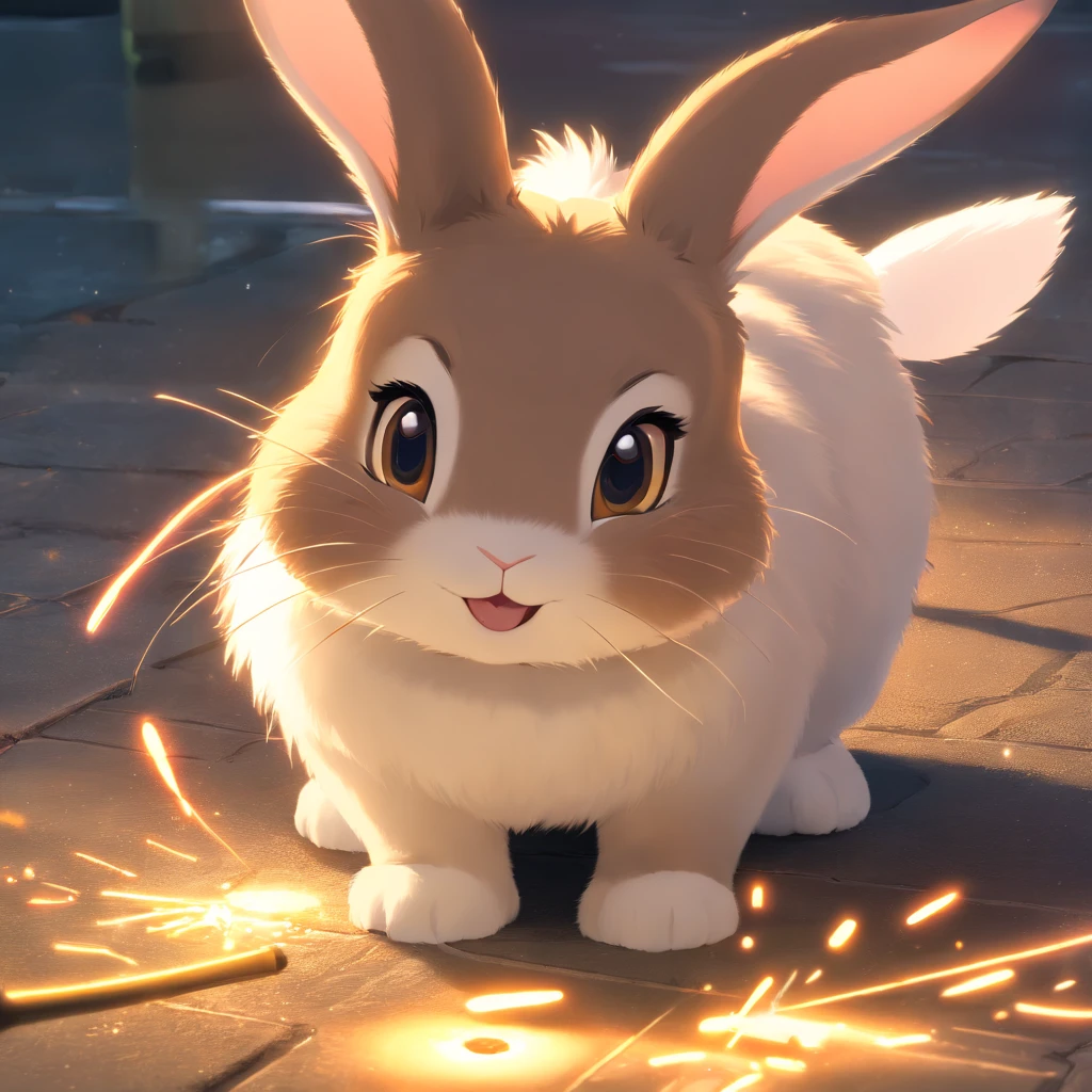 Adorable bunny in Pixar movie style, cinematic lighthing, Depth detection, hiper detalhada, qualidade 8k.  depth of fields，perfect lighting，light particles，（best quality），（masterpiece），（Ultra - Detailed），sharp focus，light particles，Niji，bunny，male，god eyes，brown_eye，Looking_in_viewer，smile，so little，furry， bicho_orelha_fluff，tail，(rabbit, furry, anthropomorphic), Male, Best quality, human-like body figure), professional art, CGsociety - W 1 0 2 4 - N 8 -