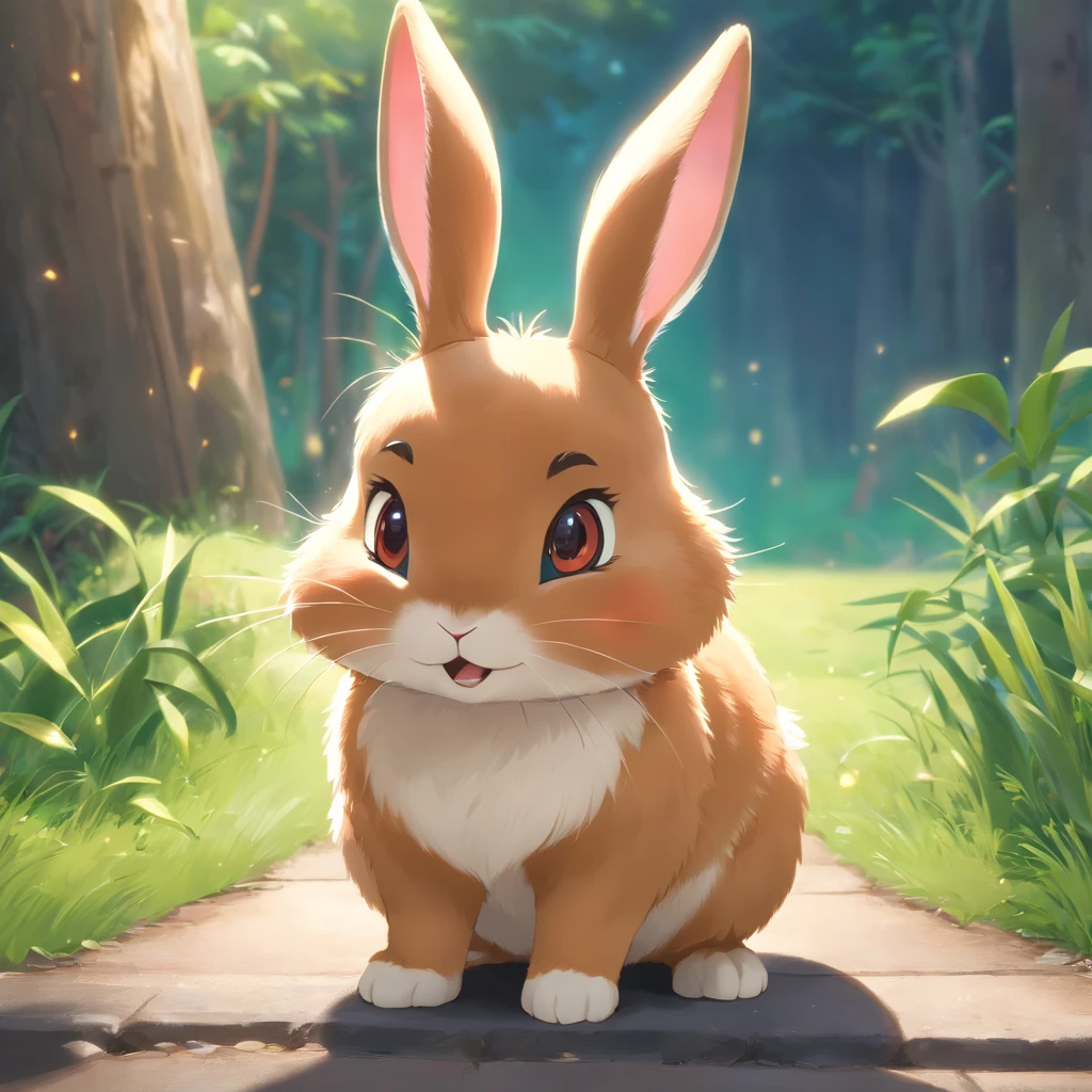 Adorable bunny in Pixar movie style, cinematic lighthing, Depth detection, hiper detalhada, qualidade 8k.  depth of fields，perfect lighting，light particles，（best quality），（masterpiece），（Ultra - Detailed），sharp focus，light particles，Niji，bunny，male，god eyes，brown_eye，Looking_in_viewer，smile，so little，furry， bicho_orelha_fluff，tail，(rabbit, furry, anthropomorphic), Male, Best quality, human-like body figure), professional art, CGsociety - W 1 0 2 4 - N 8 -